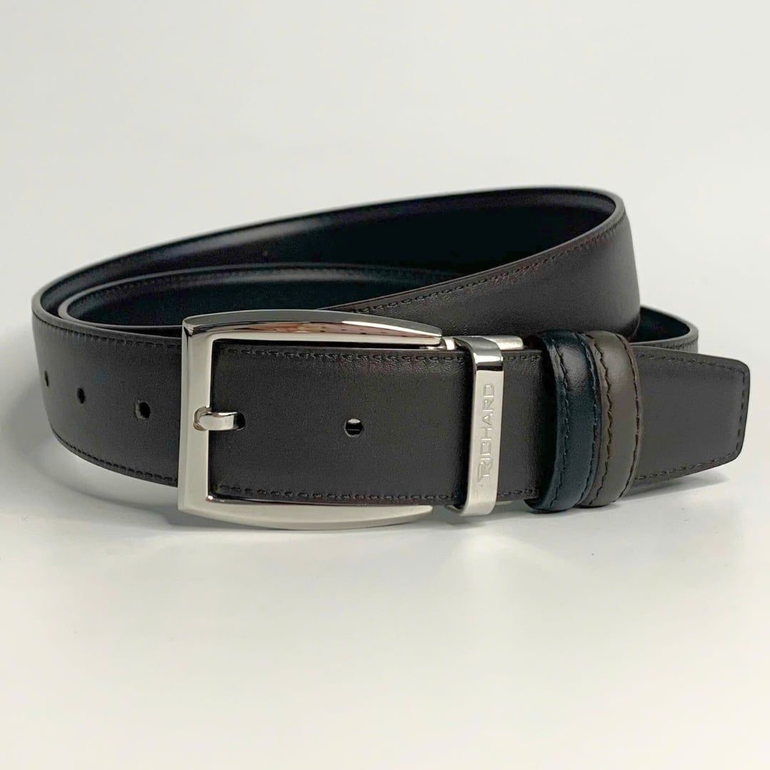 Dây lưng nam da bò nâu đen mịn 3.4 cm mặt khóa thép không gỉ Richard RC069BD