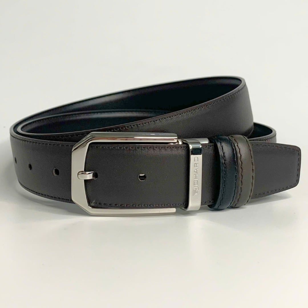 Dây lưng nam da bò nâu đen mịn 3.4 cm mặt khóa thép không gỉ Richard RC070BD