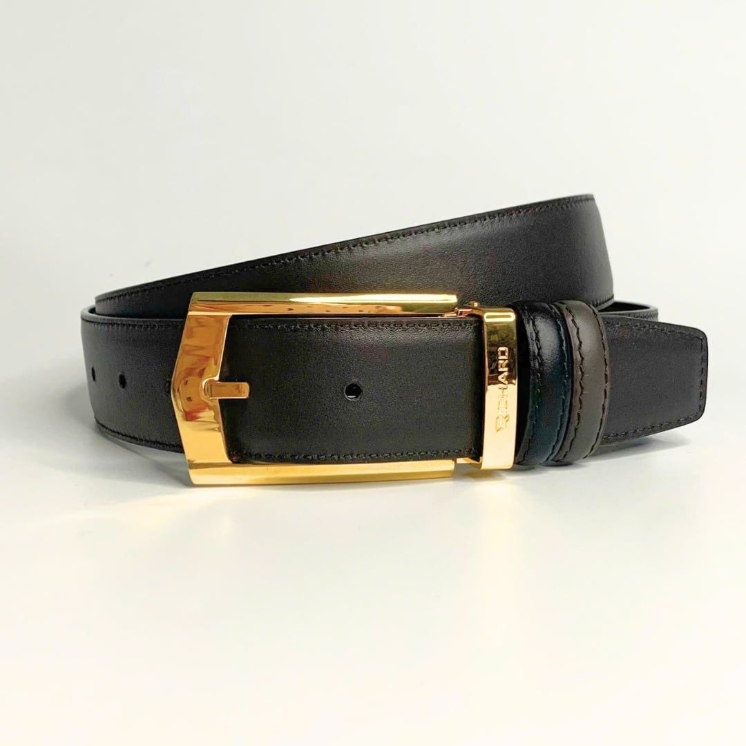 Dây lưng nam da bò nâu đen mịn 3.4 cm khóa kim RC009AD