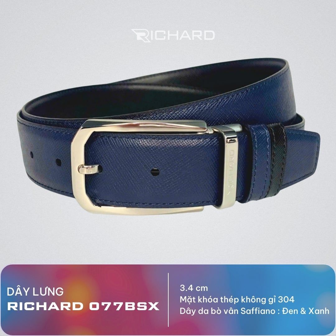 Dây lưng nam da bò vân Saffiano 3.4 cm mặt khóa thép không gỉ RC079BSX
