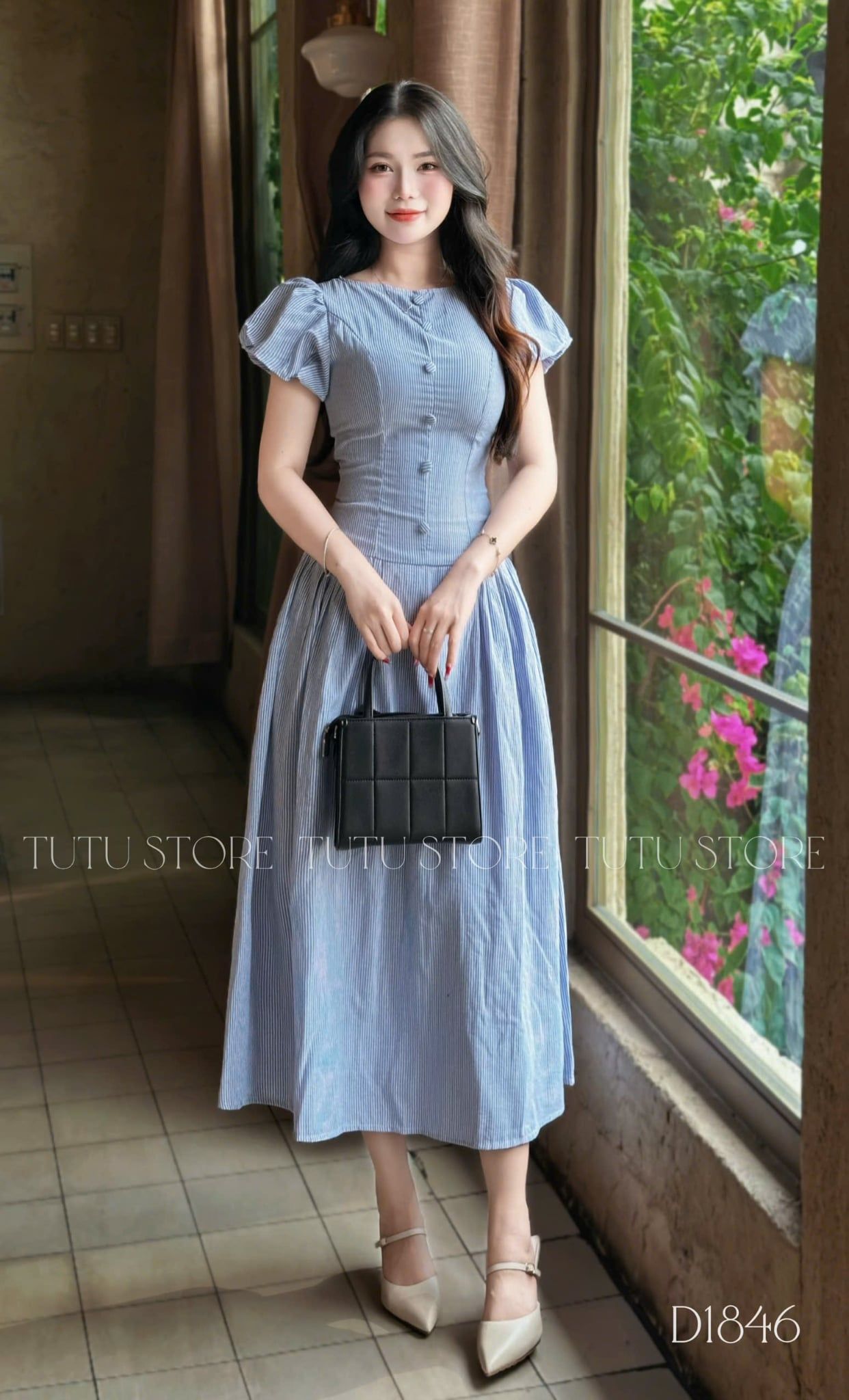 Đầm Thiết Kế Cổ Tròn Tay Bồng Sọc Dáng Xòe Đầm Đi Tiệc TuTu Store Mã D1846
