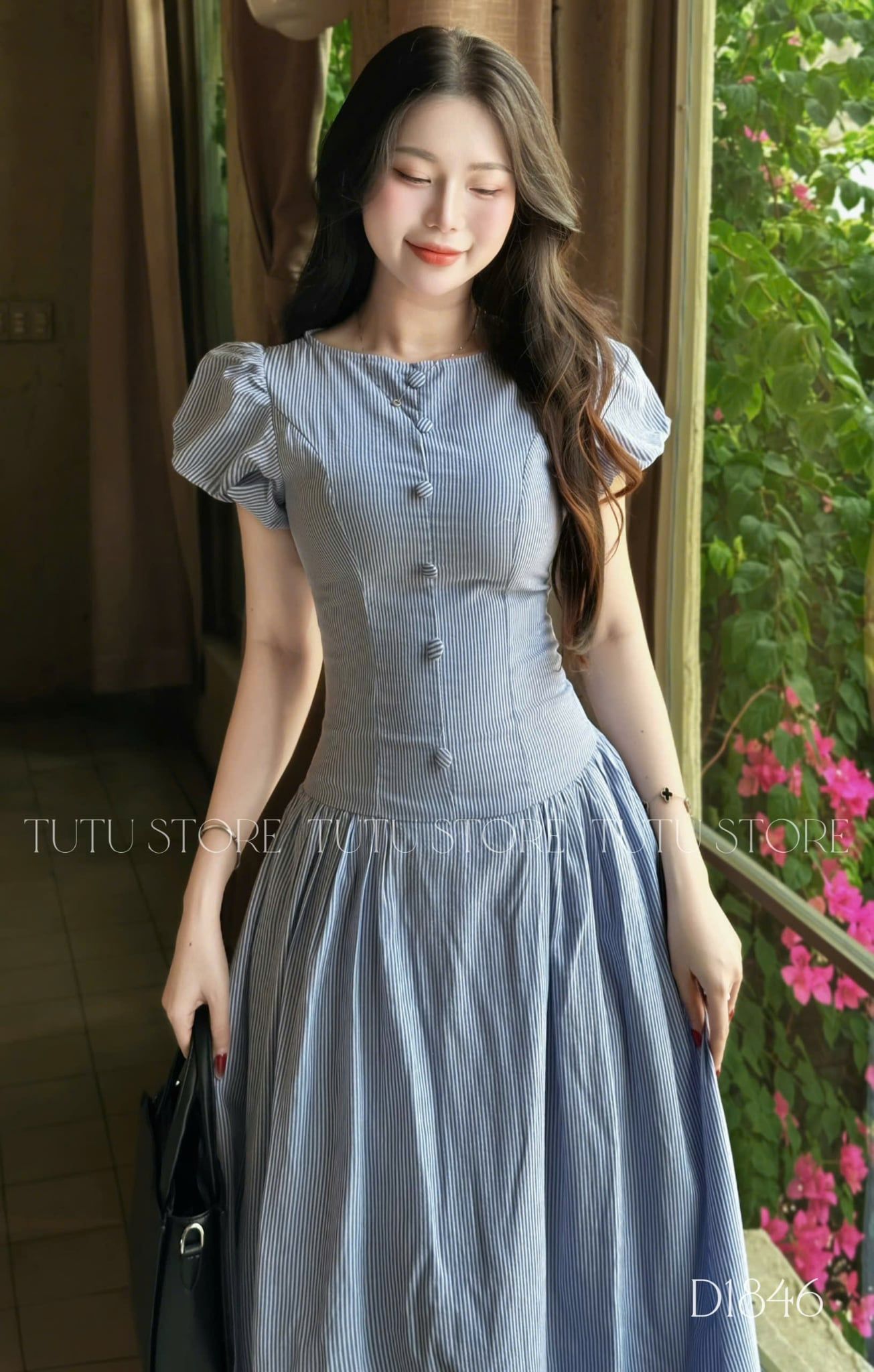 Đầm Thiết Kế Cổ Tròn Tay Bồng Sọc Dáng Xòe Đầm Đi Tiệc TuTu Store Mã D1846