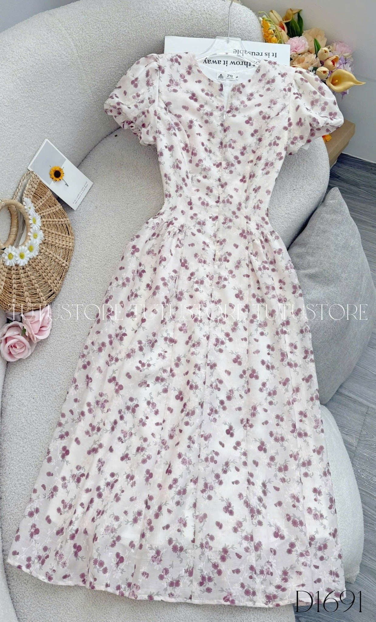 Đầm Hoa Thiết Kế Khóa Trước Dáng Xòe Tay Bí Bồng Xinh Đi Chơi TuTu Store Mã D1691