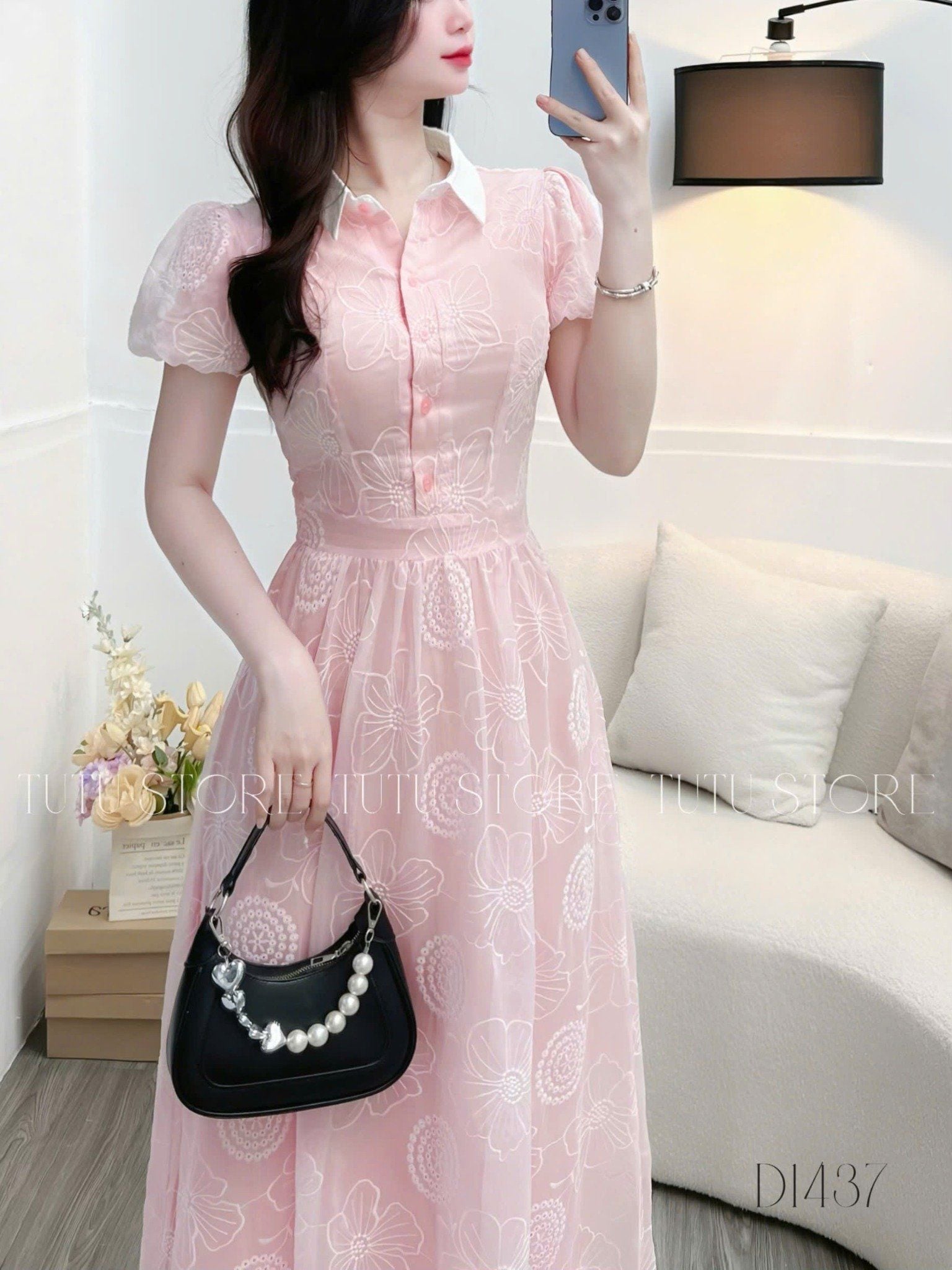 Đầm Tơ Thêu Cổ Sơ Mi Thiết Kế TuTu Store Phù Hợp Đi Chơi Dành Cho Nữ - Mã D1437