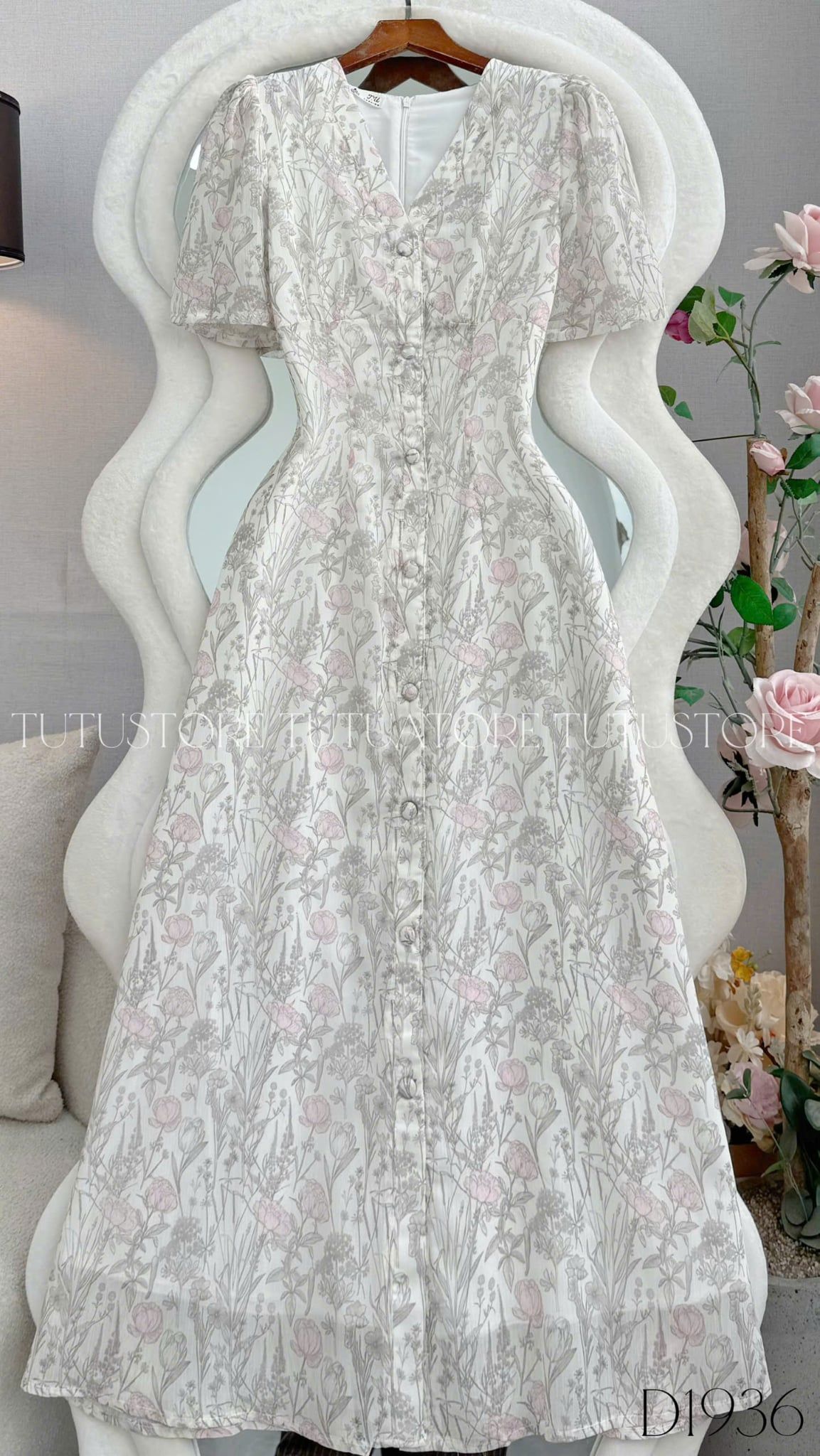 Đầm Thiết Kế Cổ Tim Dáng Chữ A Họa Tiết Hoa Nhẹ Nhàng Đầm Đi Tiệc TuTu Store Mã D1936
