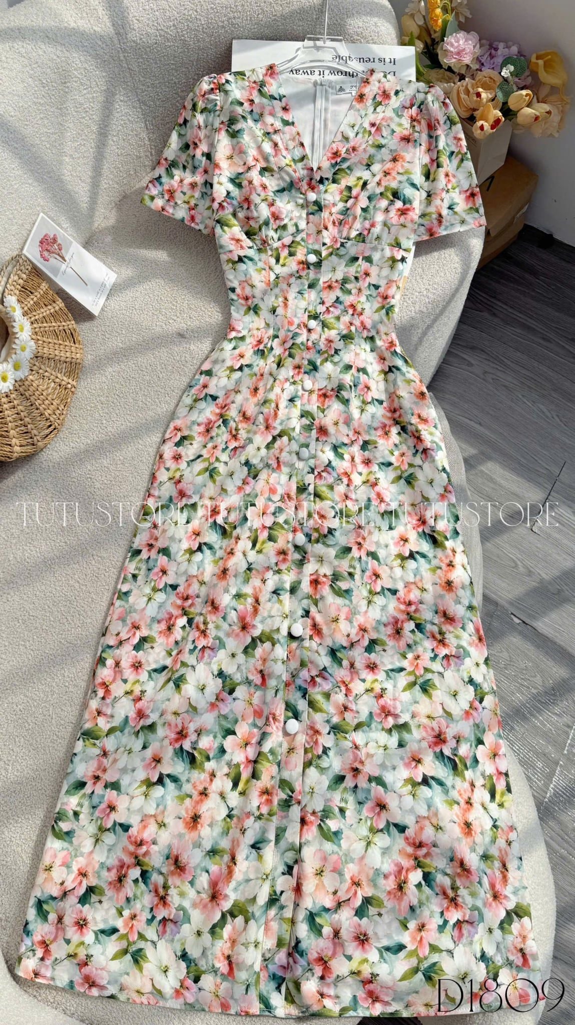 Đầm Hoa Thiết Kế Cổ V Dáng Dài Thanh Lịch Đi Chơi TuTu Store Mã D1809