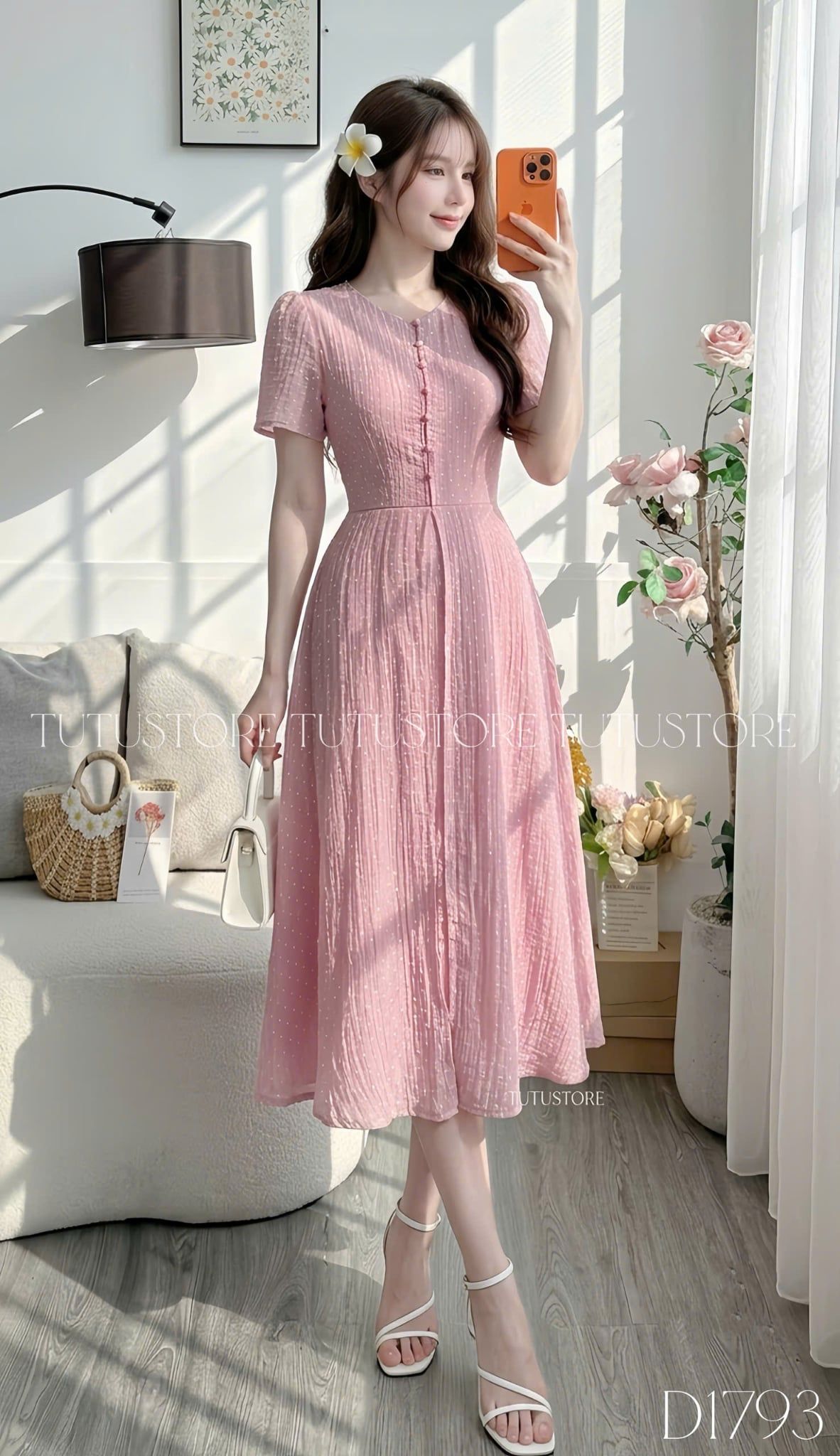 Đầm Thiết Kế Nút Trước Chấm Bi Dáng Dài Đi Chơi TuTu Store Mã D1793