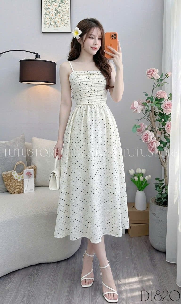Đầm Thiết Kế Hai Dây Dáng Xòe Chấm Bi Xinh Xắn Đi Chơi TuTu Store Mã D1820