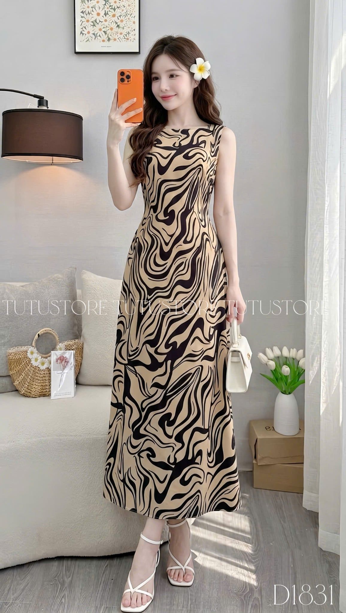 Đầm Thiết Kế Cổ Thuyền Họa Tiết Vân Loang Dáng Dài TuTu Store Mã D1831