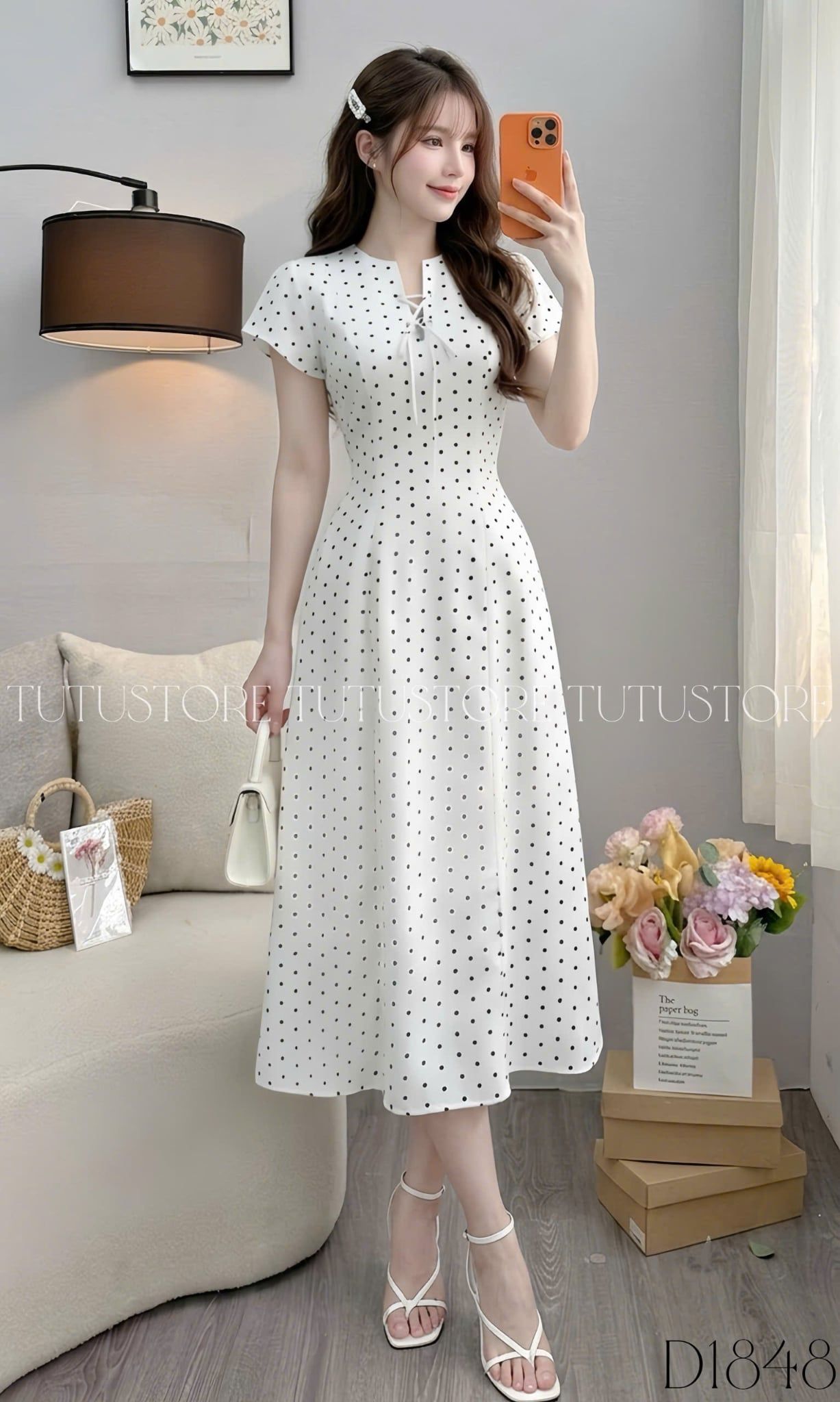 Đầm Thiết Kế Cổ V Chấm Bi Dáng Dài Đi Chơi TuTu Store Mã D1848