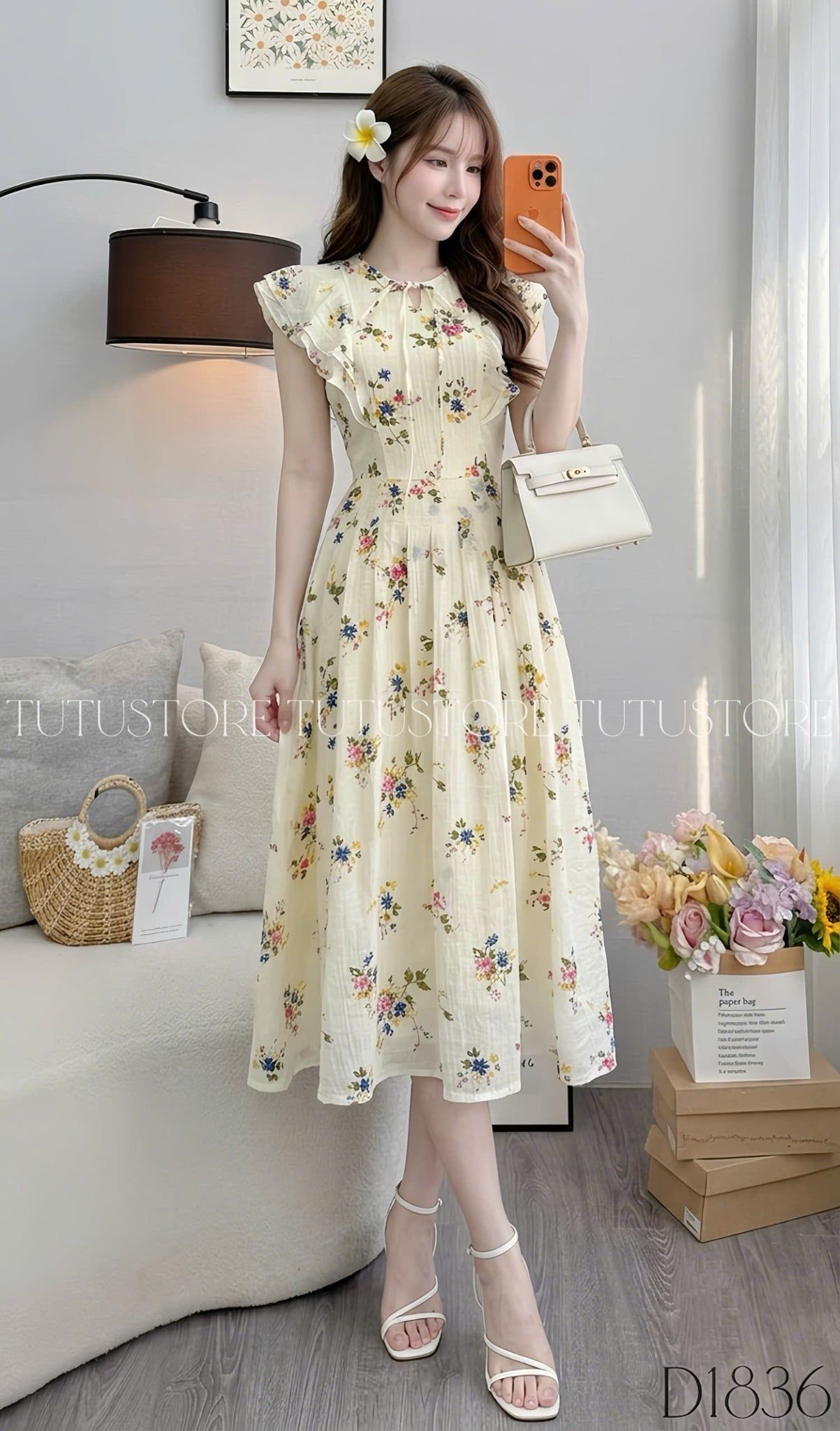 Đầm Hoa Thiết Kế Vai Bèo Dáng Xòe Xinh Xắn Đi Chơi TuTu Store Mã D1836