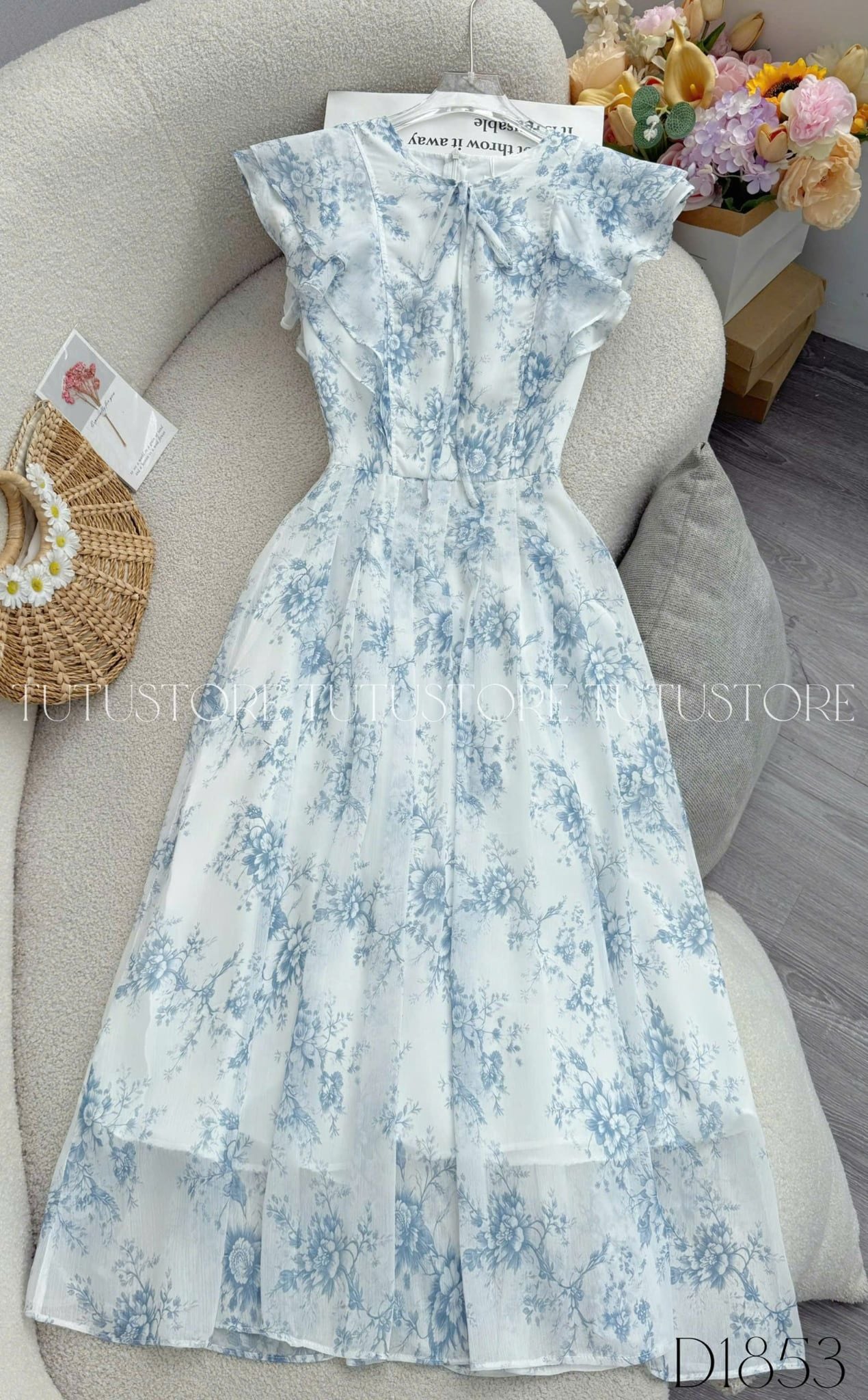 Đầm Thiết Kế Vai Bèo Cánh Tiên Hoa Xanh Đầm Đi Tiệc TuTu Store Mã D1853