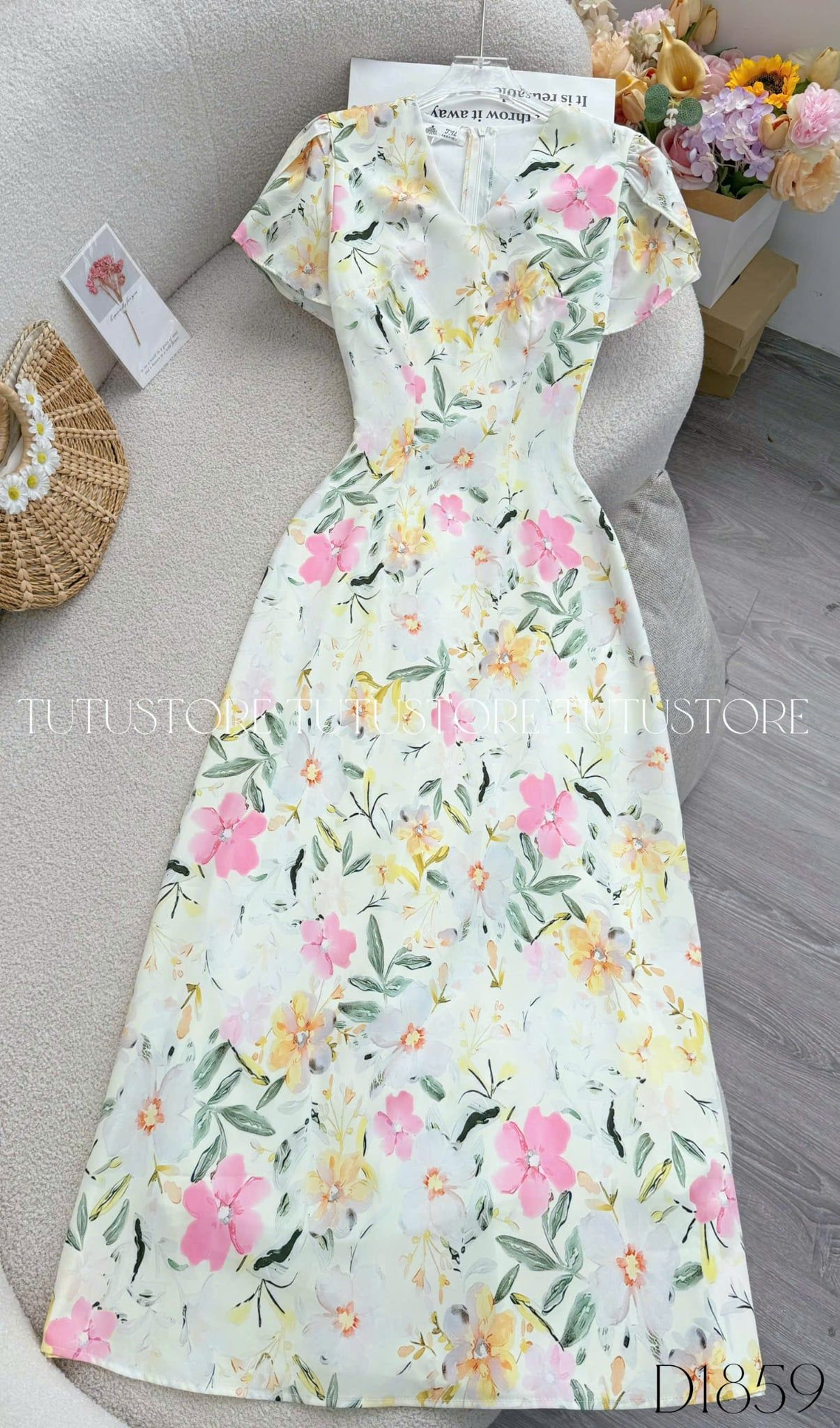 Đầm Hoa Thiết Kế Cổ Tim Dáng Chữ A Dài Đầm Đi Tiệc TuTu Store Mã D1859