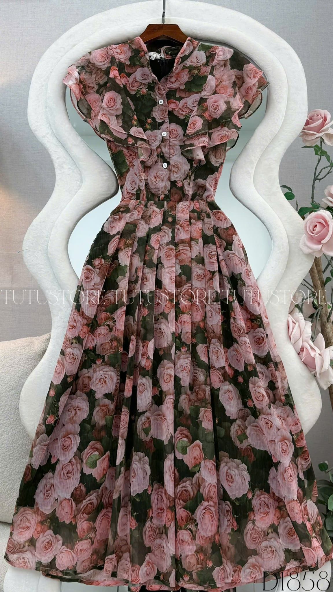 Đầm Thiết Kế Vai Bèo Cánh Tiên Dáng Xòe Họa Tiết Hoa 3D Đầm Đi Tiệc TuTu Store Mã D1858
