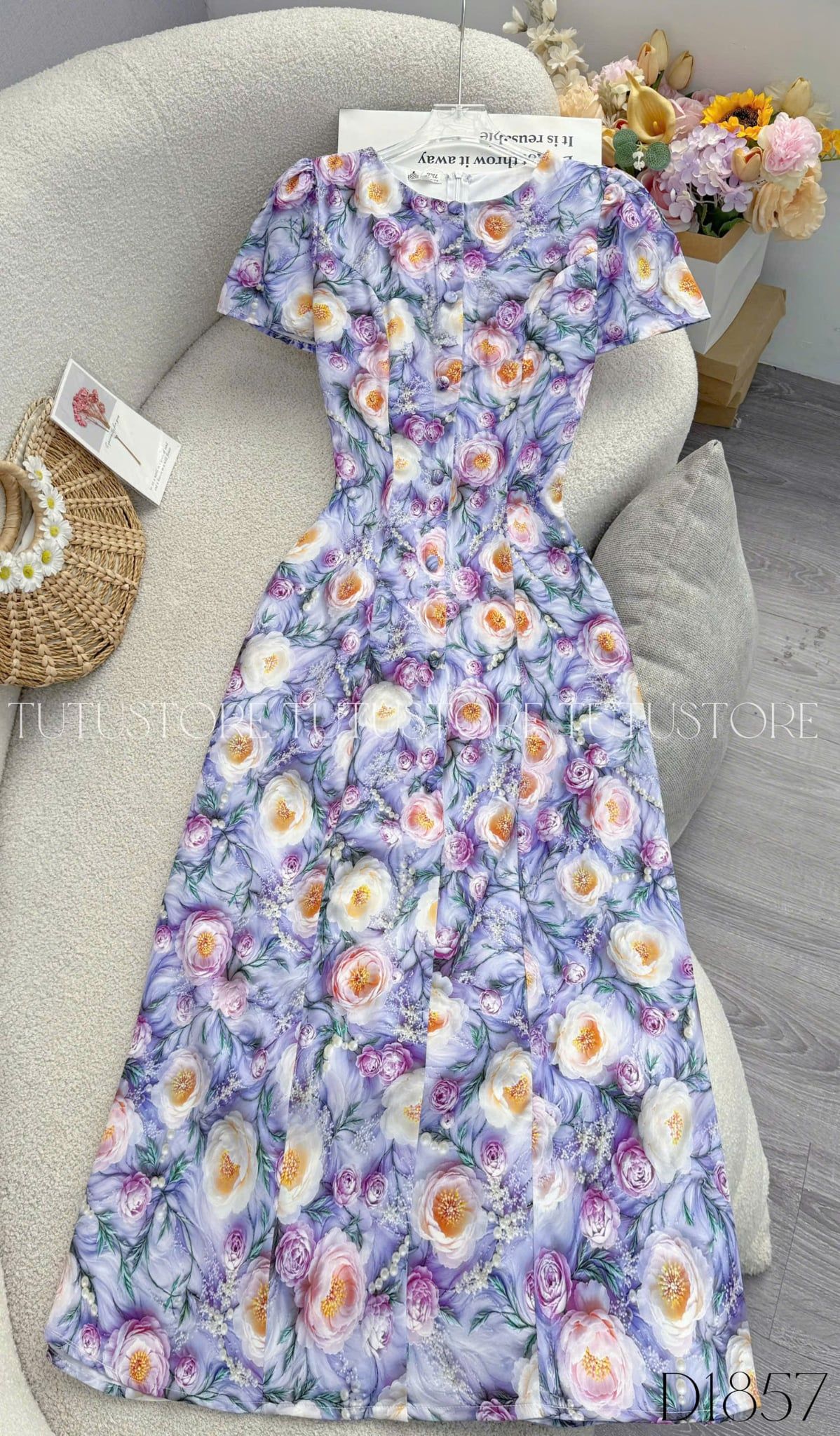 Đầm Thiết Kế Cổ Tròn Dáng Chữ A Họa Tiết Hoa 3D Đầm Đi Tiệc TuTu Store Mã D1857