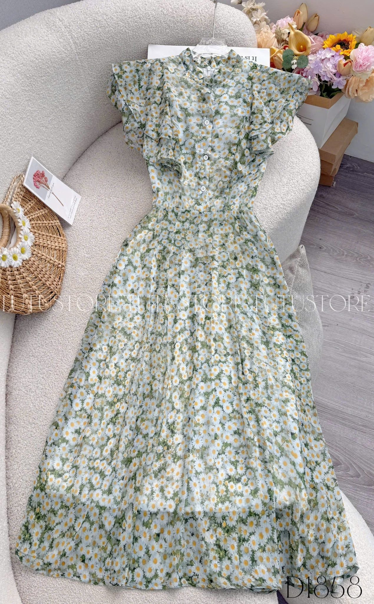 Đầm Thiết Kế Vai Bèo Cánh Tiên Dáng Xòe Họa Tiết Hoa 3D Đầm Đi Tiệc TuTu Store Mã D1858