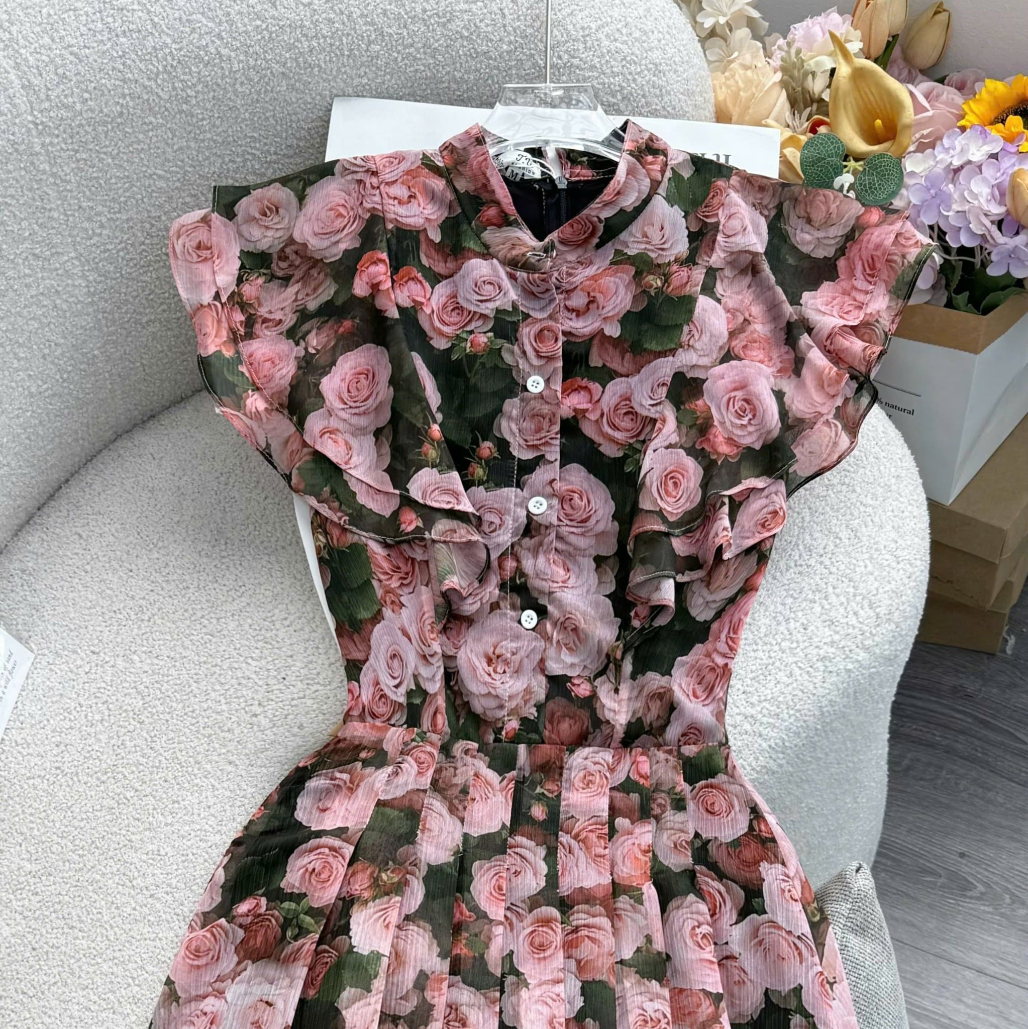 Đầm Thiết Kế Vai Bèo Cánh Tiên Dáng Xòe Họa Tiết Hoa 3D Đầm Đi Tiệc TuTu Store Mã D1858