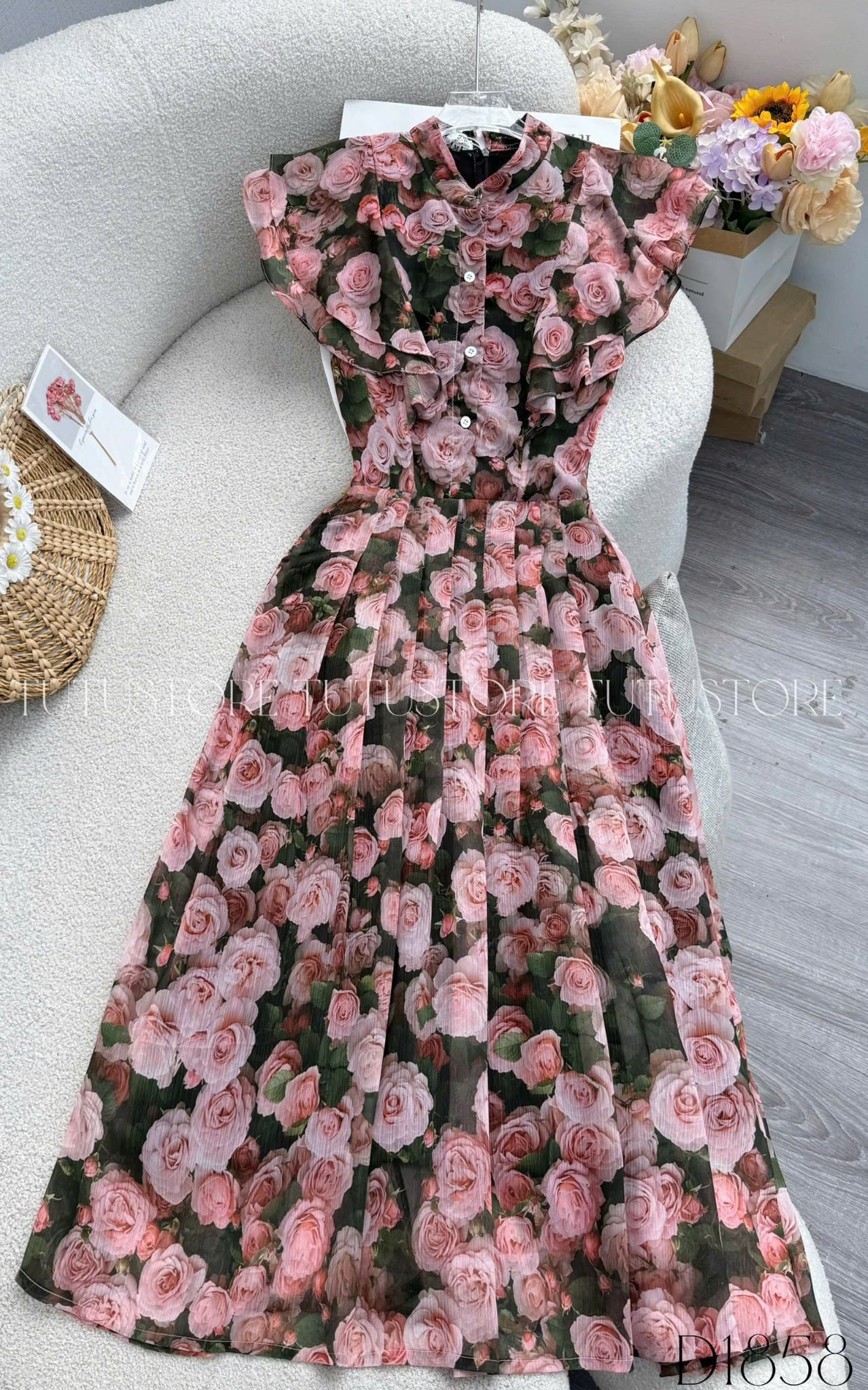 Đầm Thiết Kế Vai Bèo Cánh Tiên Dáng Xòe Họa Tiết Hoa 3D Đầm Đi Tiệc TuTu Store Mã D1858