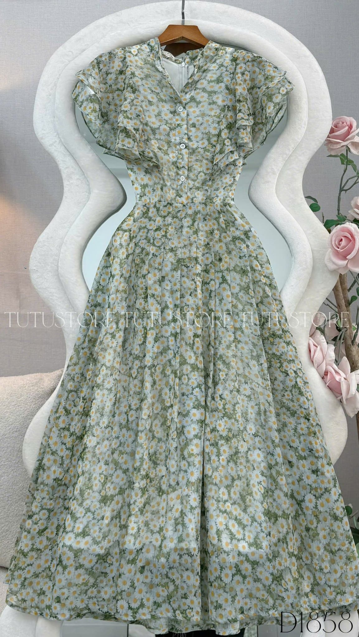 Đầm Thiết Kế Vai Bèo Cánh Tiên Dáng Xòe Họa Tiết Hoa 3D Đầm Đi Tiệc TuTu Store Mã D1858