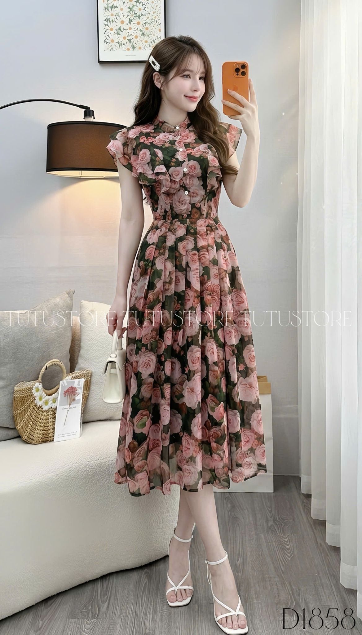 Đầm Thiết Kế Vai Bèo Cánh Tiên Dáng Xòe Họa Tiết Hoa 3D Đầm Đi Tiệc TuTu Store Mã D1858