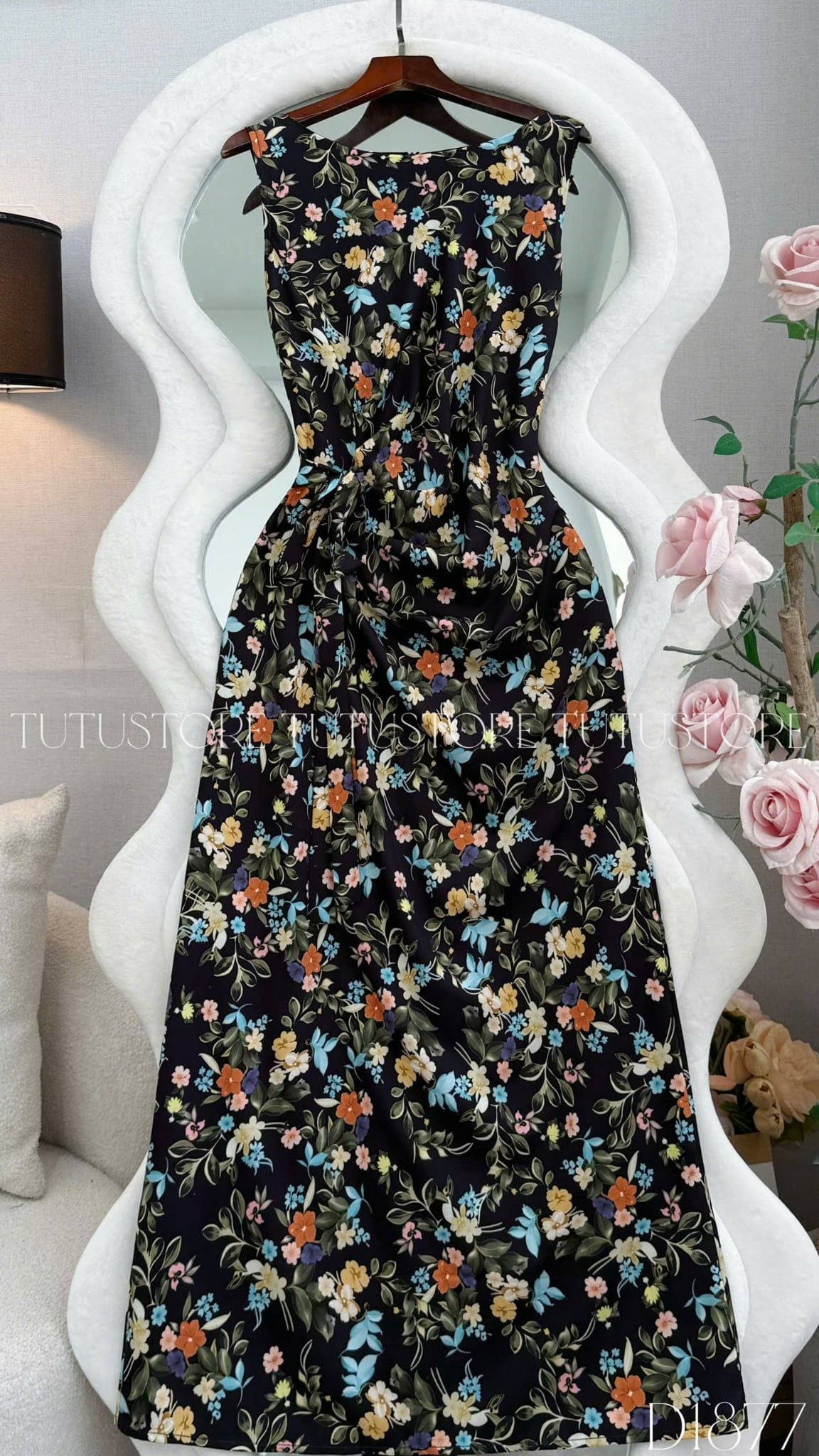 Đầm Thiết Kế Cổ Thuyền Có Dây Buộc Nhấn Eo Hoa Nhí Đầm Đi Tiệc TuTu Store Mã D1877
