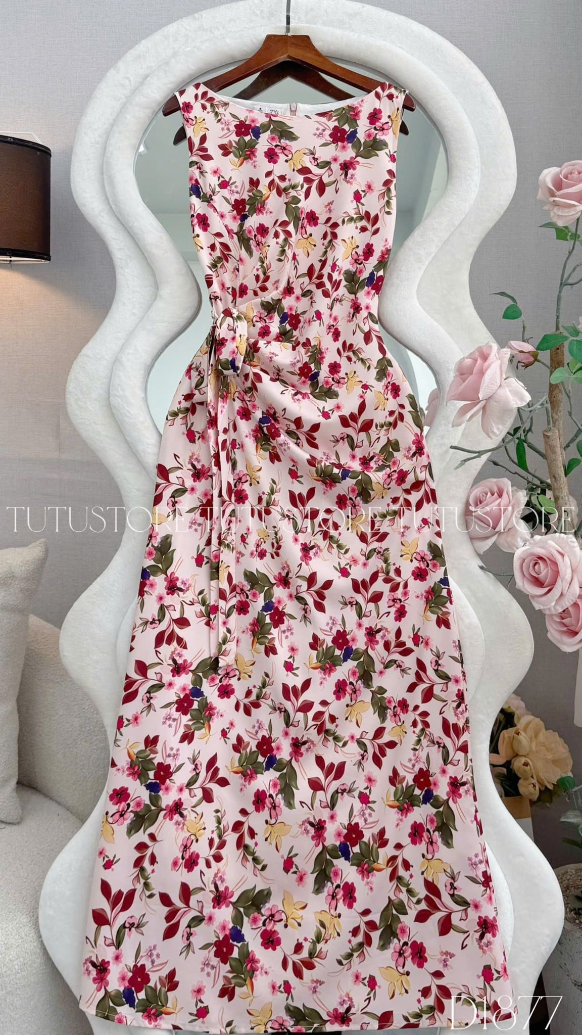 Đầm Thiết Kế Cổ Thuyền Có Dây Buộc Nhấn Eo Hoa Nhí Đầm Đi Tiệc TuTu Store Mã D1877