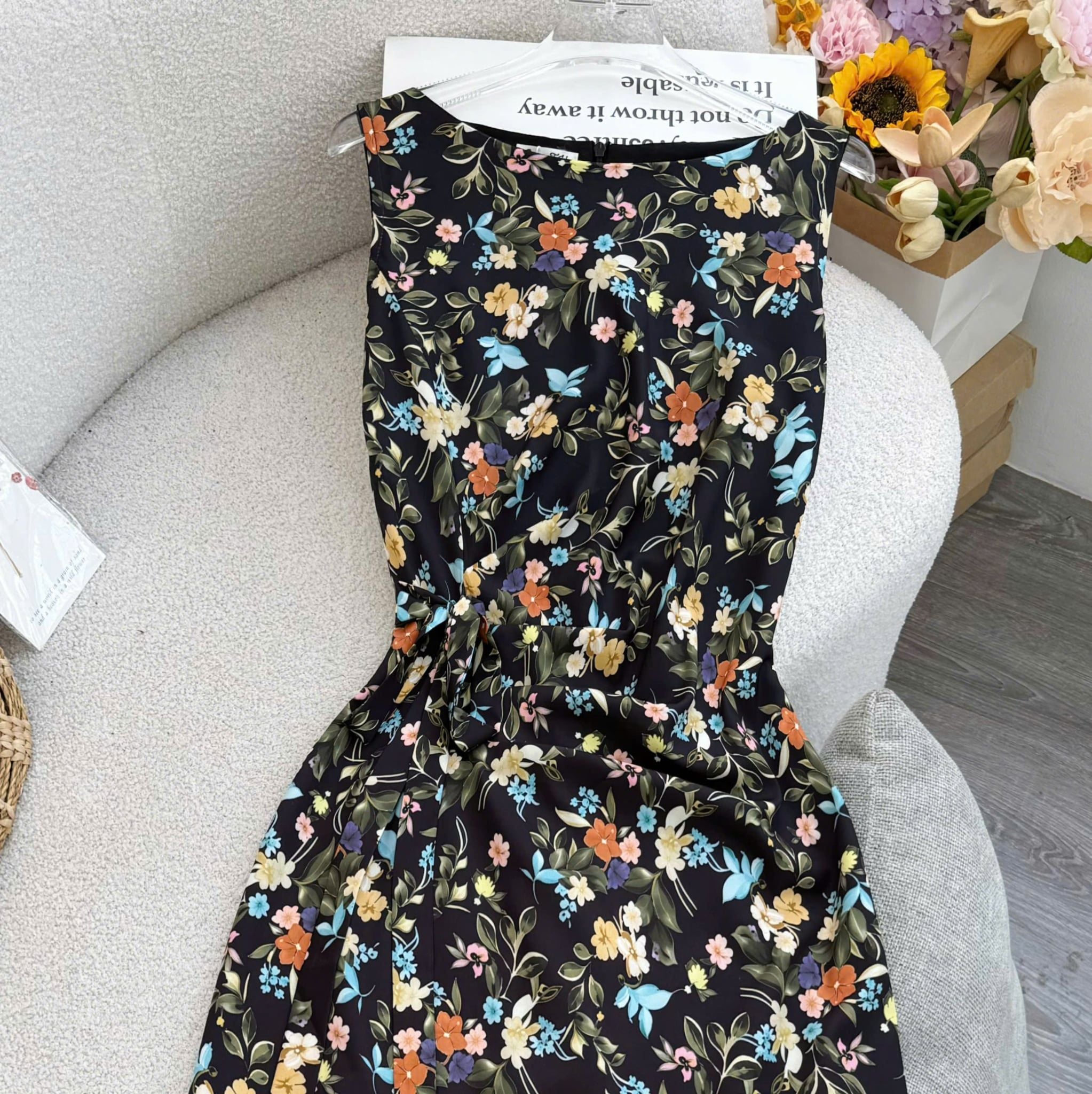 Đầm Thiết Kế Cổ Thuyền Có Dây Buộc Nhấn Eo Hoa Nhí Đầm Đi Tiệc TuTu Store Mã D1877