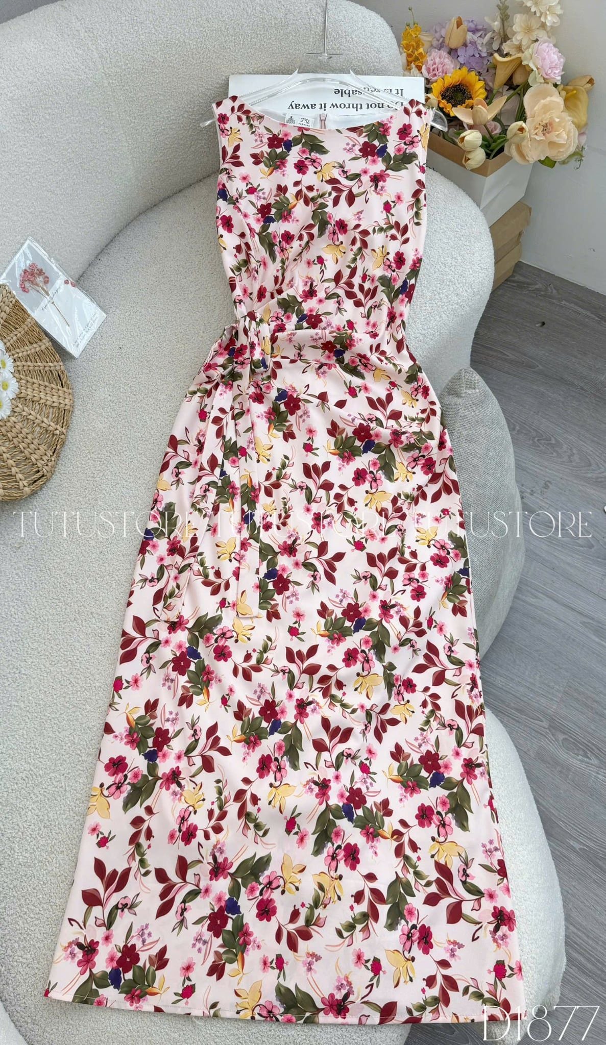 Đầm Thiết Kế Cổ Thuyền Có Dây Buộc Nhấn Eo Hoa Nhí Đầm Đi Tiệc TuTu Store Mã D1877