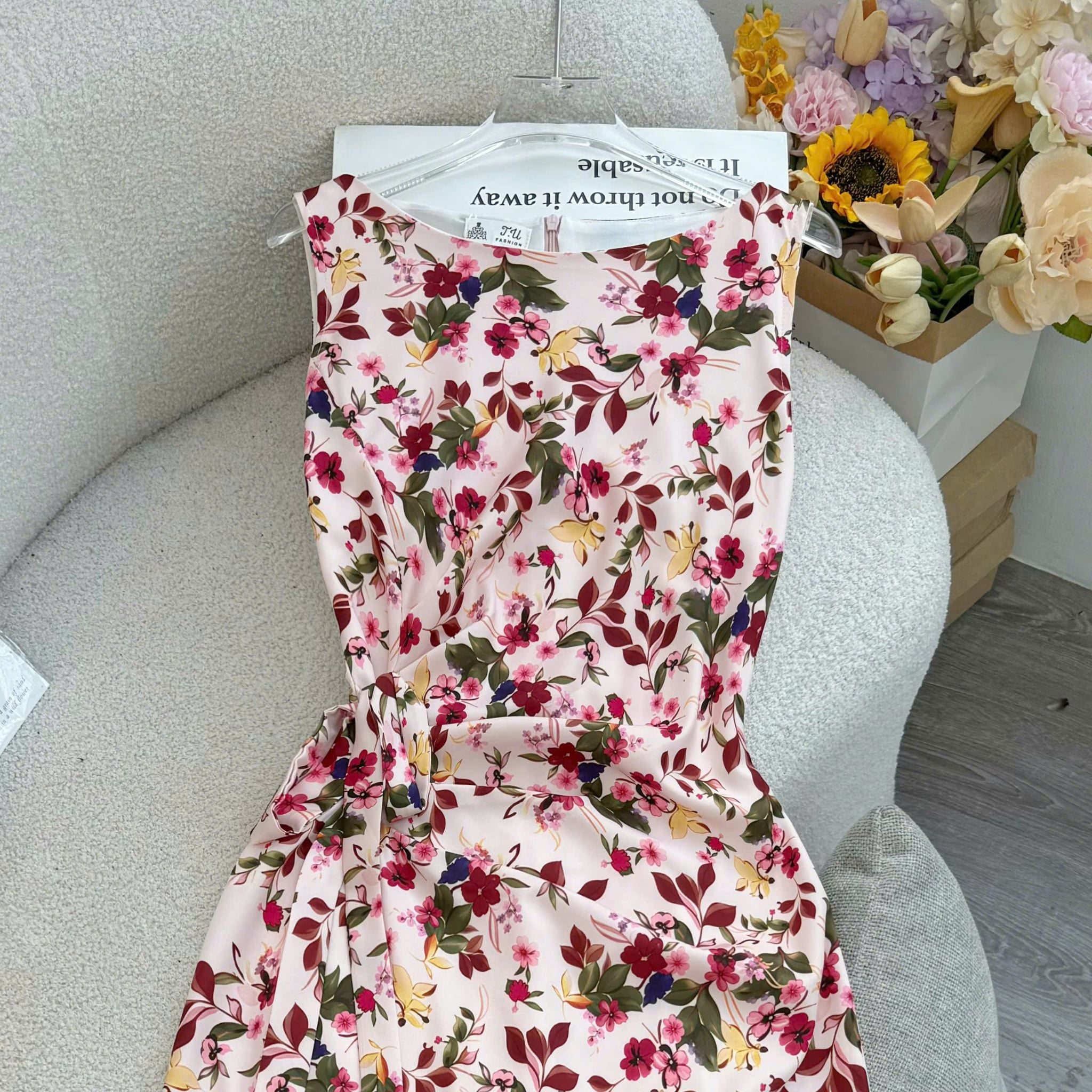 Đầm Thiết Kế Cổ Thuyền Có Dây Buộc Nhấn Eo Hoa Nhí Đầm Đi Tiệc TuTu Store Mã D1877