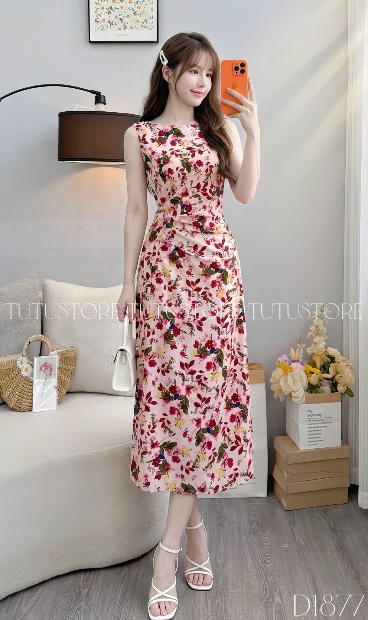 Đầm Thiết Kế Cổ Thuyền Có Dây Buộc Nhấn Eo Hoa Nhí Đầm Đi Tiệc TuTu Store Mã D1877