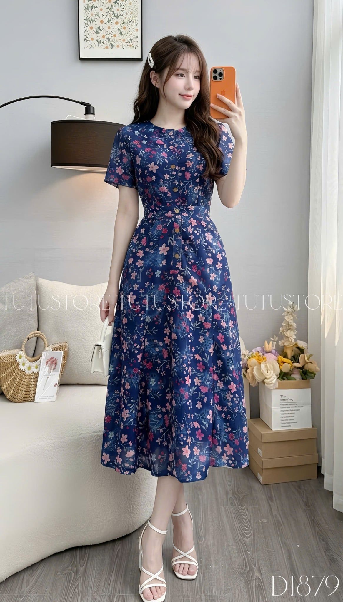 Đầm Thiết Kế Cổ Tròn Dáng Xòe Đính Nút  Hoa Nhí Đầm Đi Tiệc TuTu Store Mã D1879