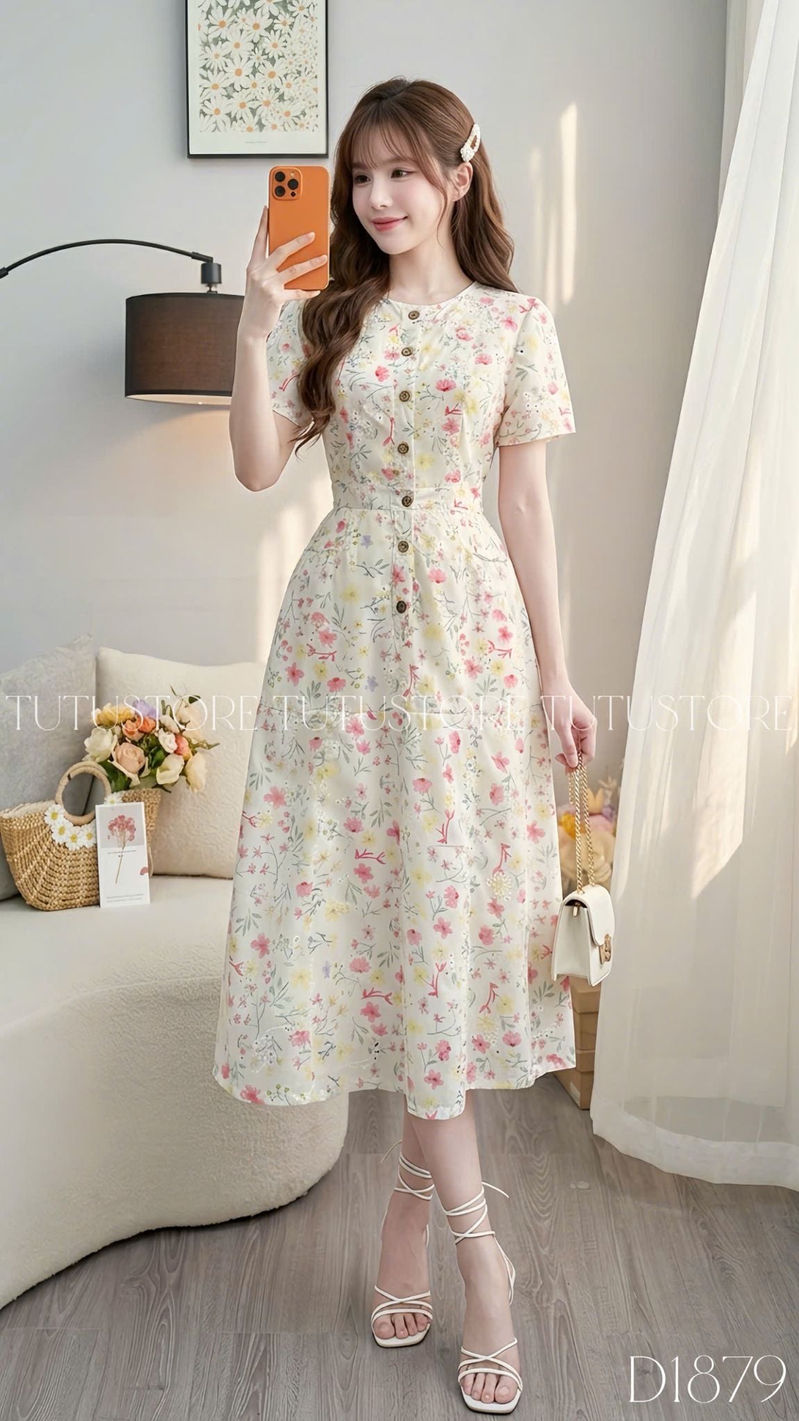Đầm Thiết Kế Cổ Tròn Dáng Xòe Đính Nút  Hoa Nhí Đầm Đi Tiệc TuTu Store Mã D1879