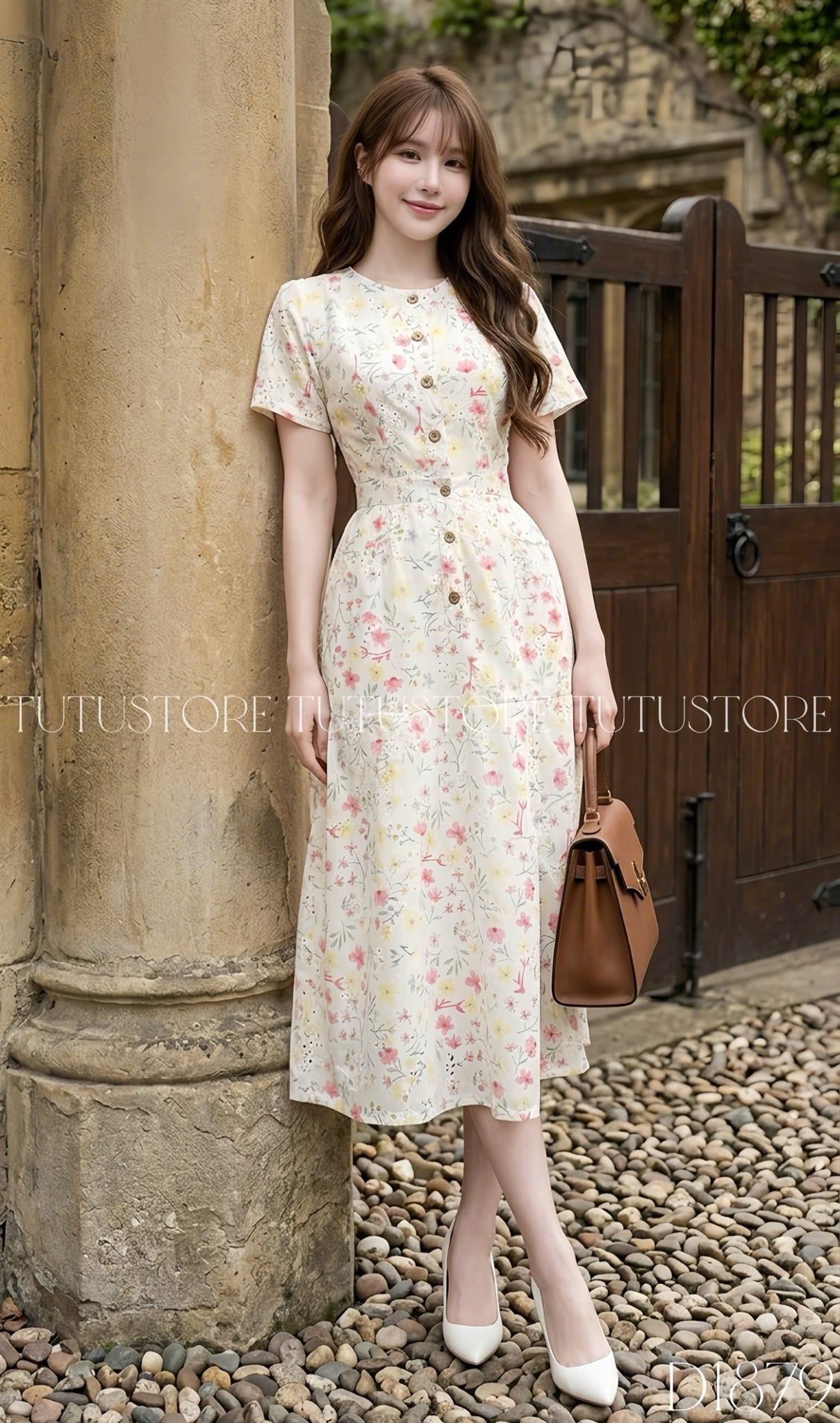 Đầm Thiết Kế Cổ Tròn Dáng Xòe Đính Nút  Hoa Nhí Đầm Đi Tiệc TuTu Store Mã D1879
