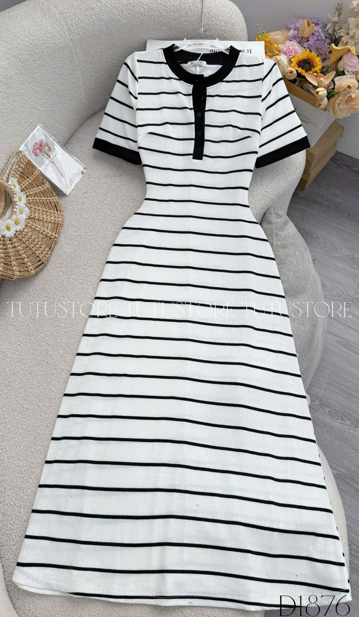 Đầm Thiết Kế Cổ Tròn Sọc Ngang Dáng Chữ A Đầm Đi Tiệc TuTu Store Mã D1876
