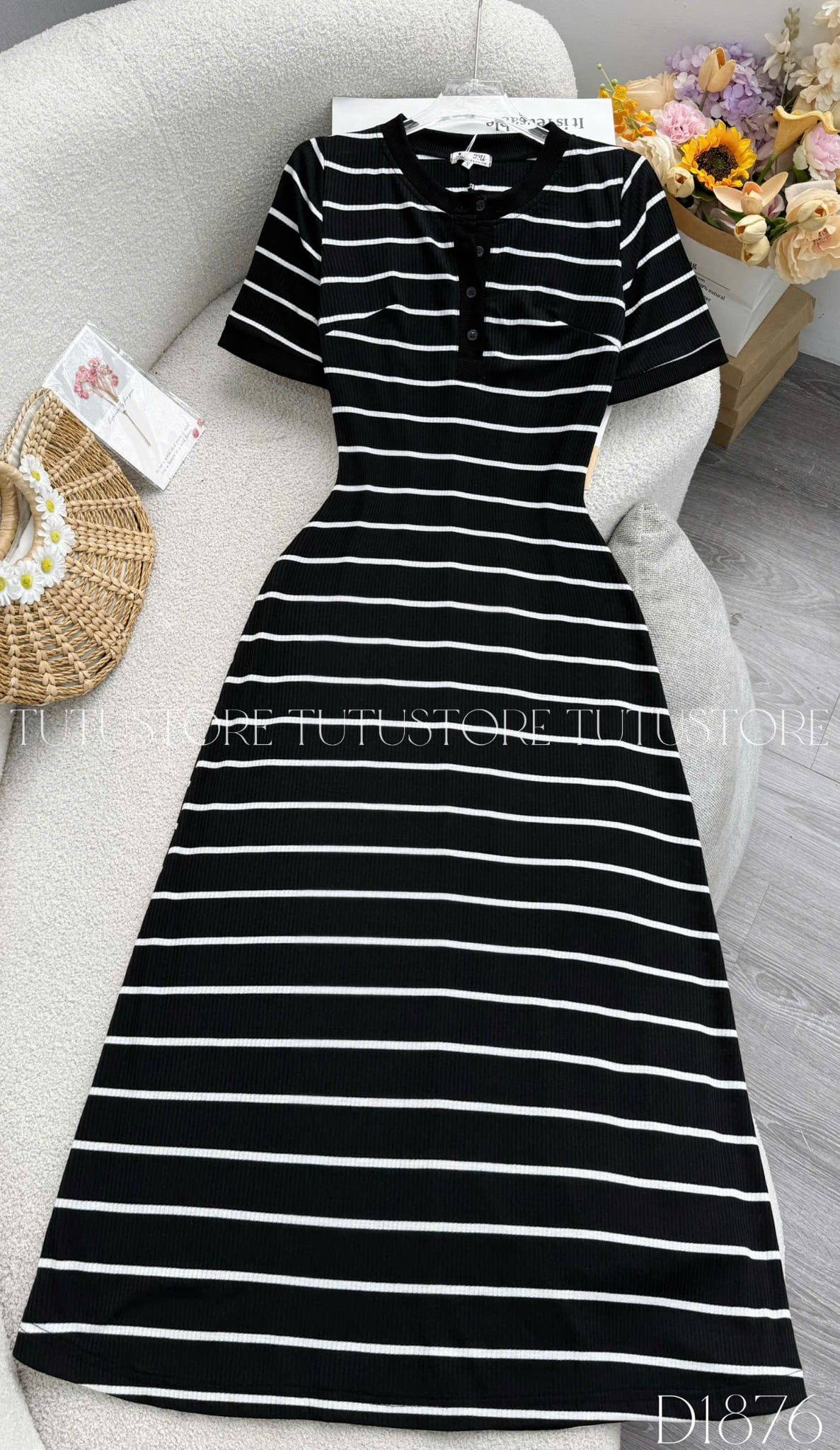 Đầm Thiết Kế Cổ Tròn Sọc Ngang Dáng Chữ A Đầm Đi Tiệc TuTu Store Mã D1876