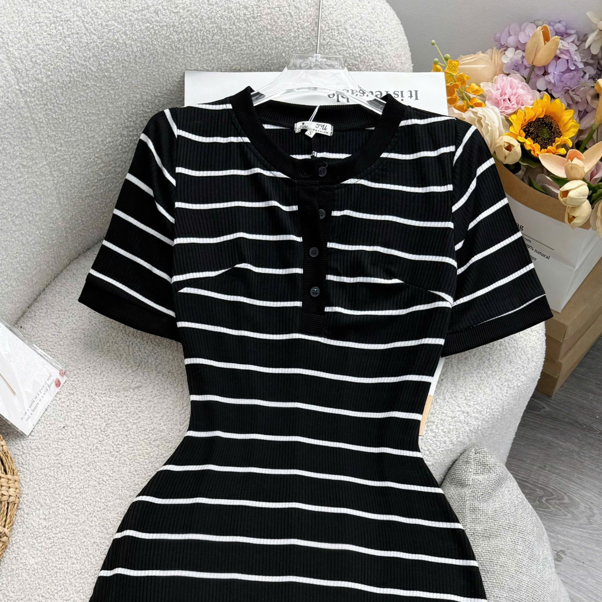 Đầm Thiết Kế Cổ Tròn Sọc Ngang Dáng Chữ A Đầm Đi Tiệc TuTu Store Mã D1876