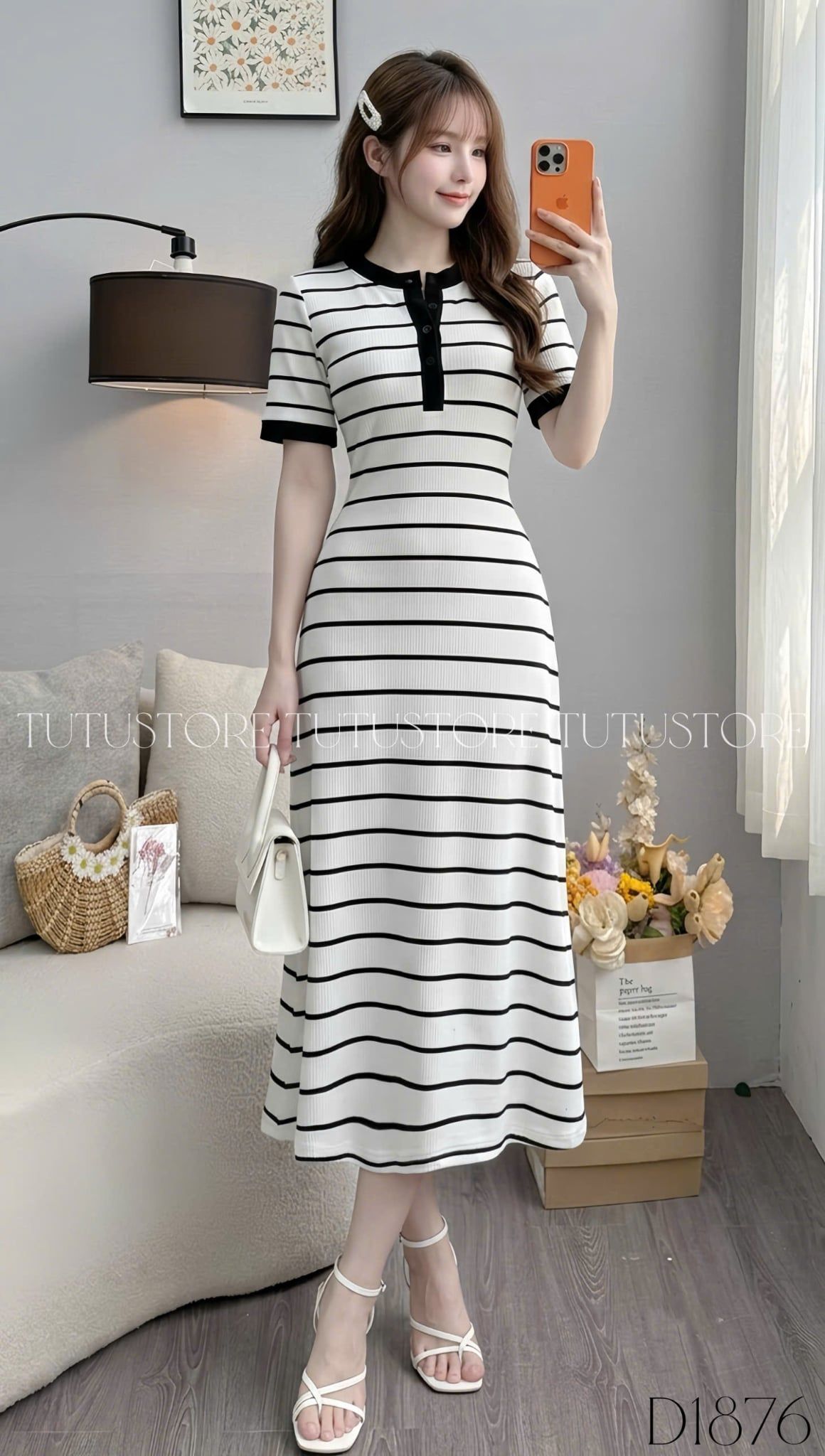 Đầm Thiết Kế Cổ Tròn Sọc Ngang Dáng Chữ A Đầm Đi Tiệc TuTu Store Mã D1876
