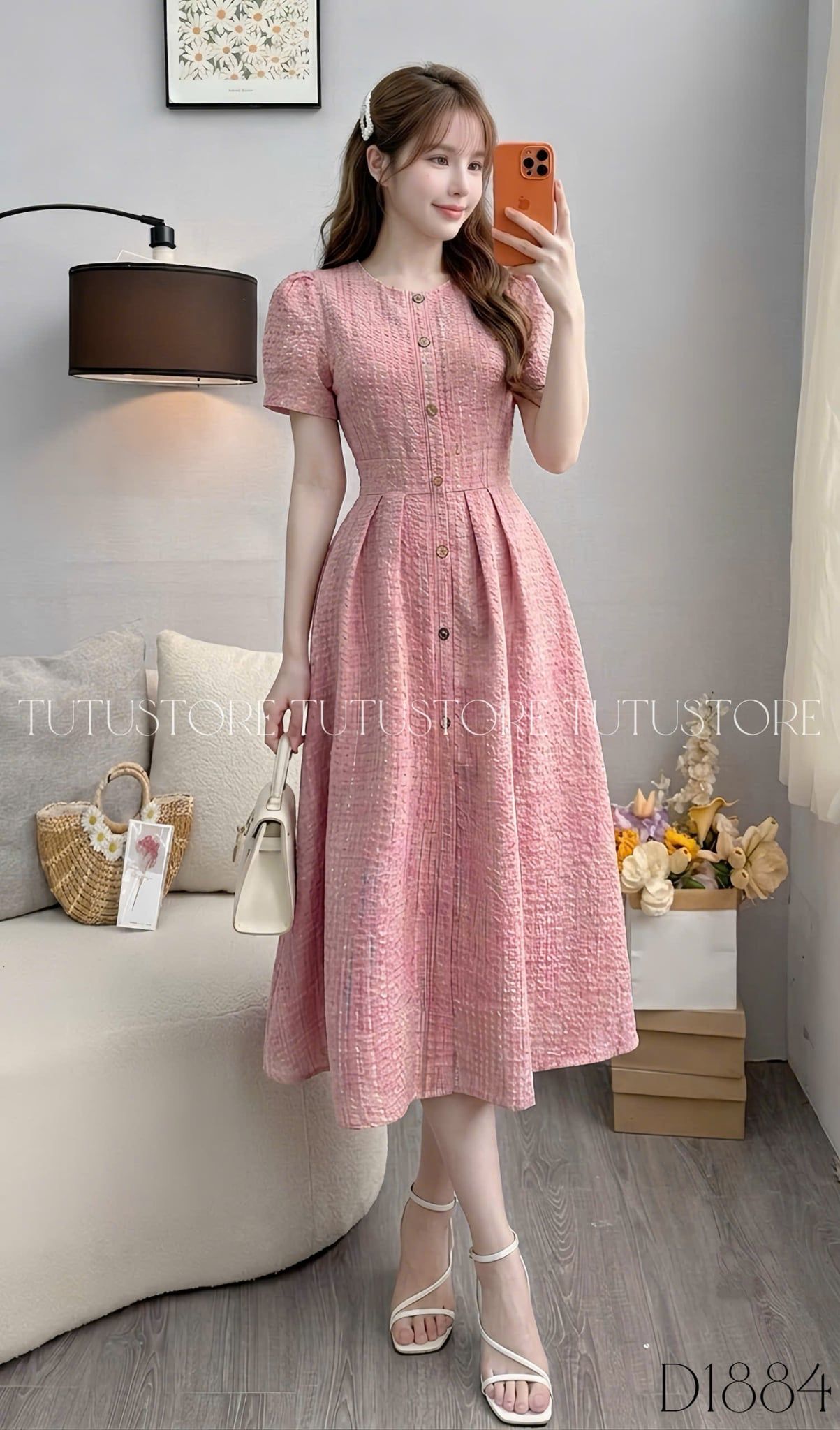 Đầm Thiết Kế Cổ Tròn Dáng Xòe Đính Nút Kiểu Đầm Đi Tiệc TuTu Store Mã D1884