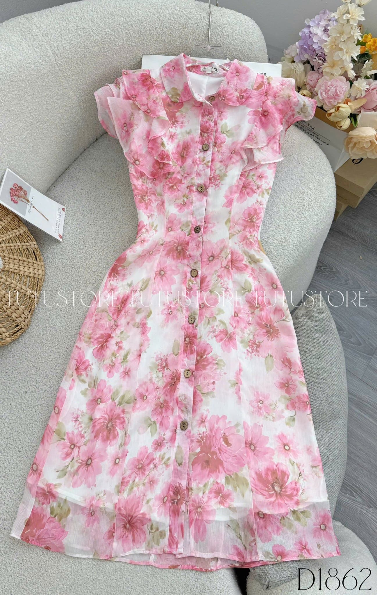 Đầm Thiết Kế Cổ Sơ Mi Tay Voan Bèo Dáng Ngắn Đầm Đi Tiệc TuTu Store Mã D1862