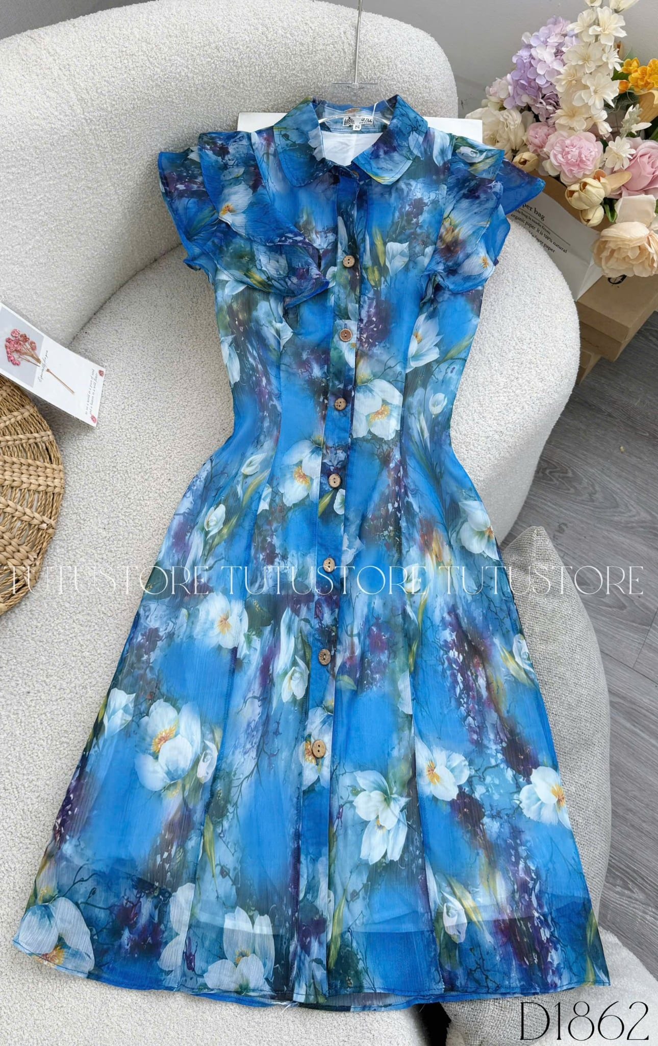Đầm Thiết Kế Cổ Sơ Mi Tay Voan Bèo Dáng Ngắn Đầm Đi Tiệc TuTu Store Mã D1862