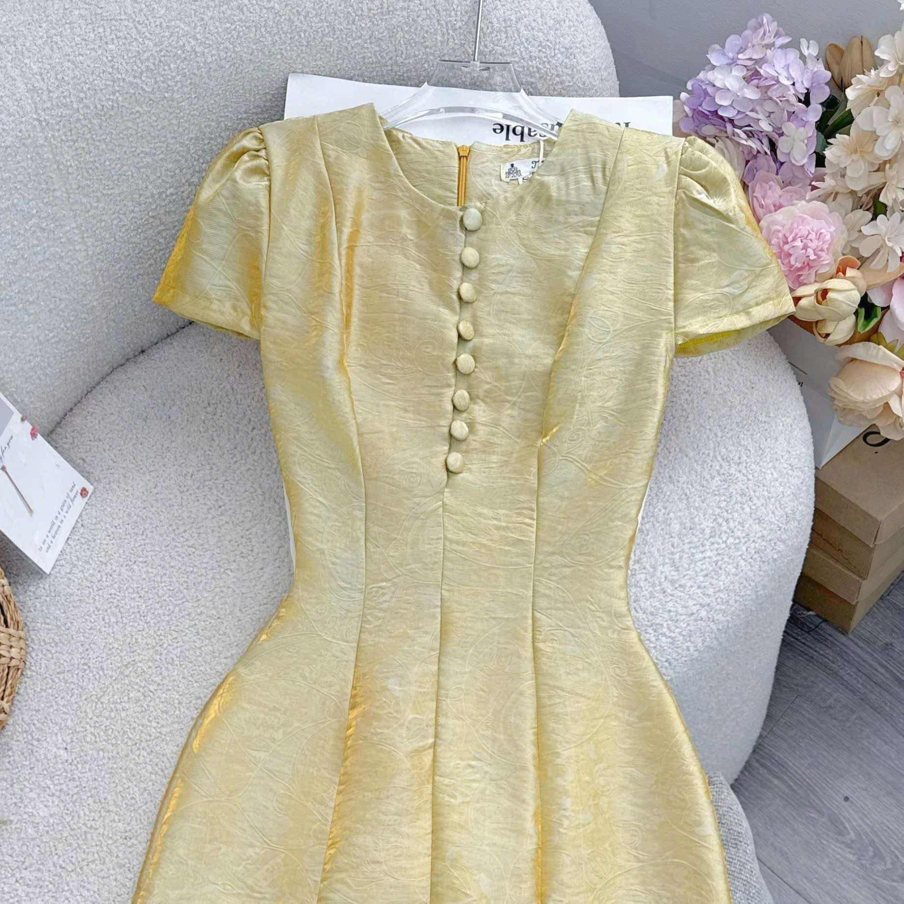Đầm Thiết Kế Cổ Tròn Đính Nút Dáng Dài Đầm Đi Tiệc TuTu Store Mã D1888