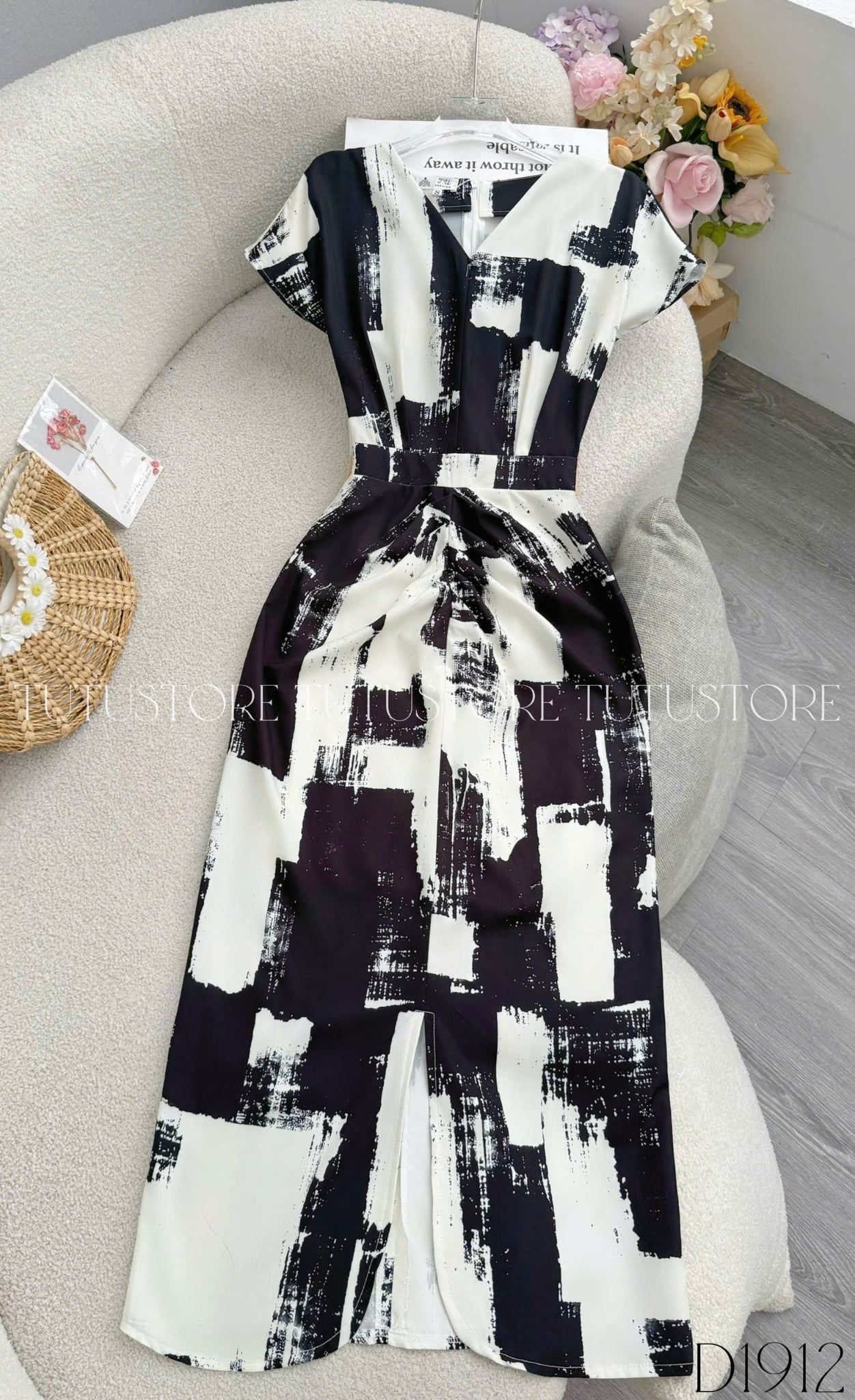 Đầm Thiết Kế Cổ V Tay Hến Dáng Dài Xẻ Tà Đầm Đi Tiệc TuTu Store Mã D1912
