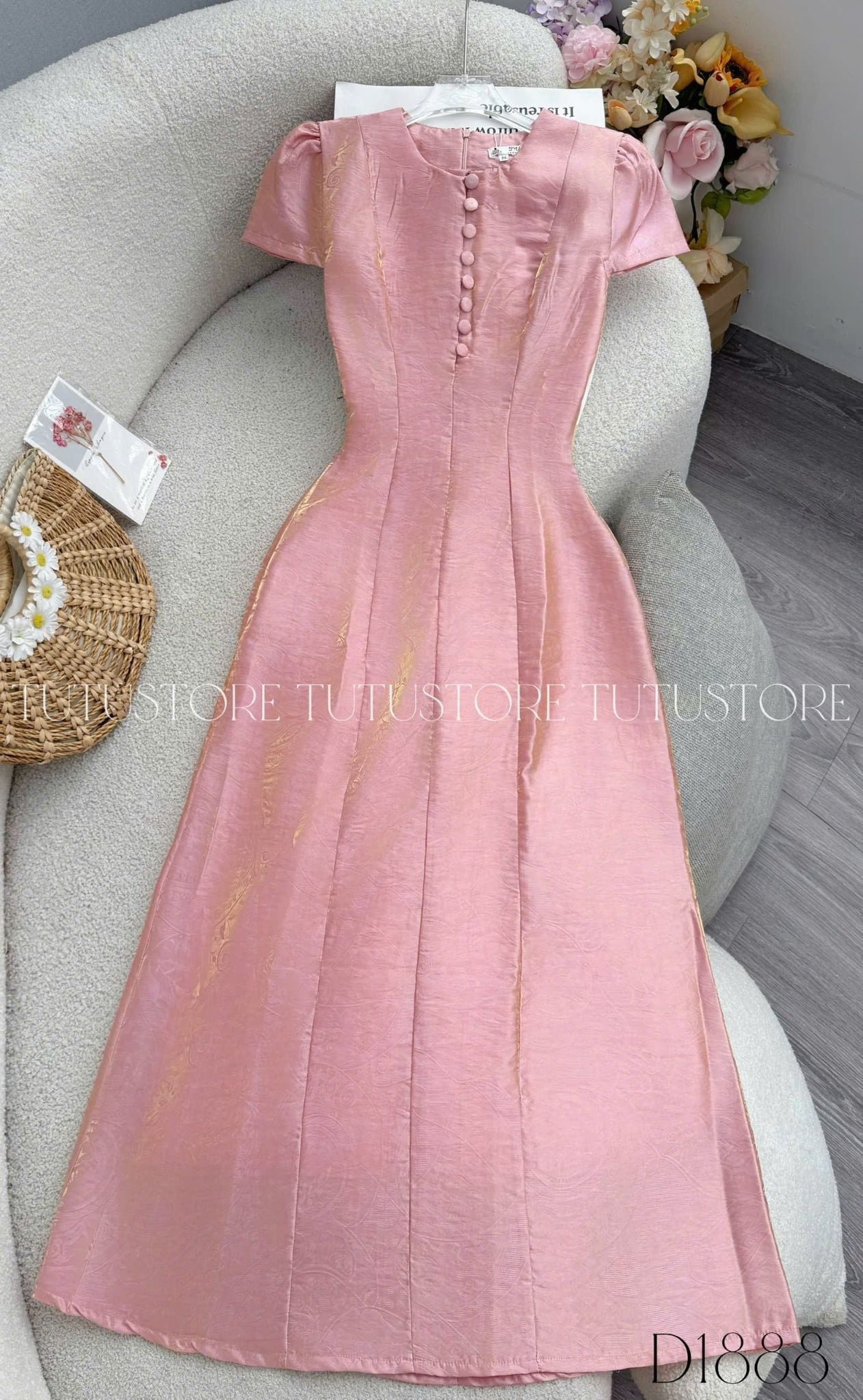 Đầm Thiết Kế Cổ Tròn Đính Nút Dáng Dài Đầm Đi Tiệc TuTu Store Mã D1888