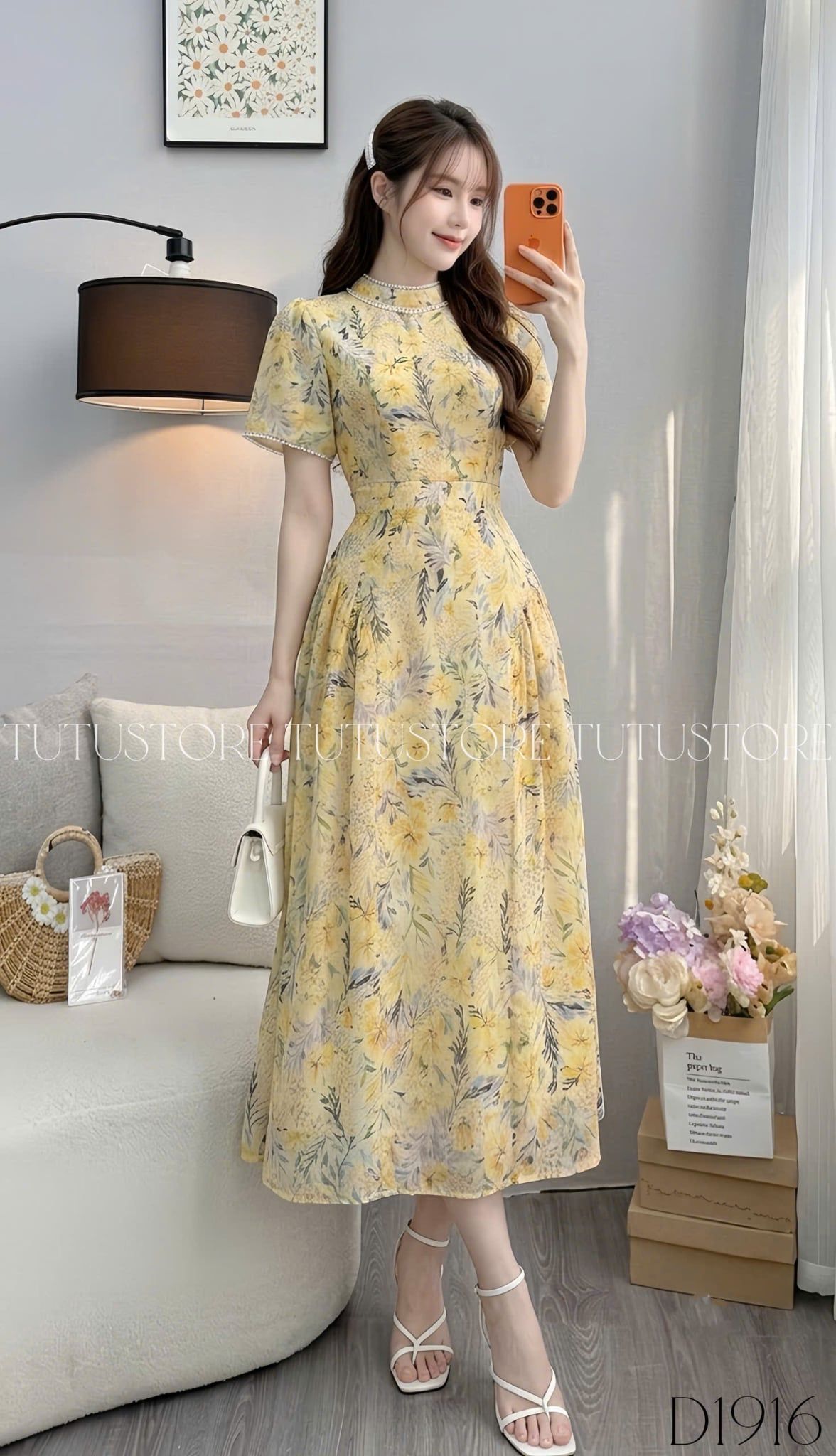 Đầm Thiết Kế Cổ Trụ Dáng Xòe Họa Tiết Hoa Đầm Đi Tiệc TuTu Store Mã D1916