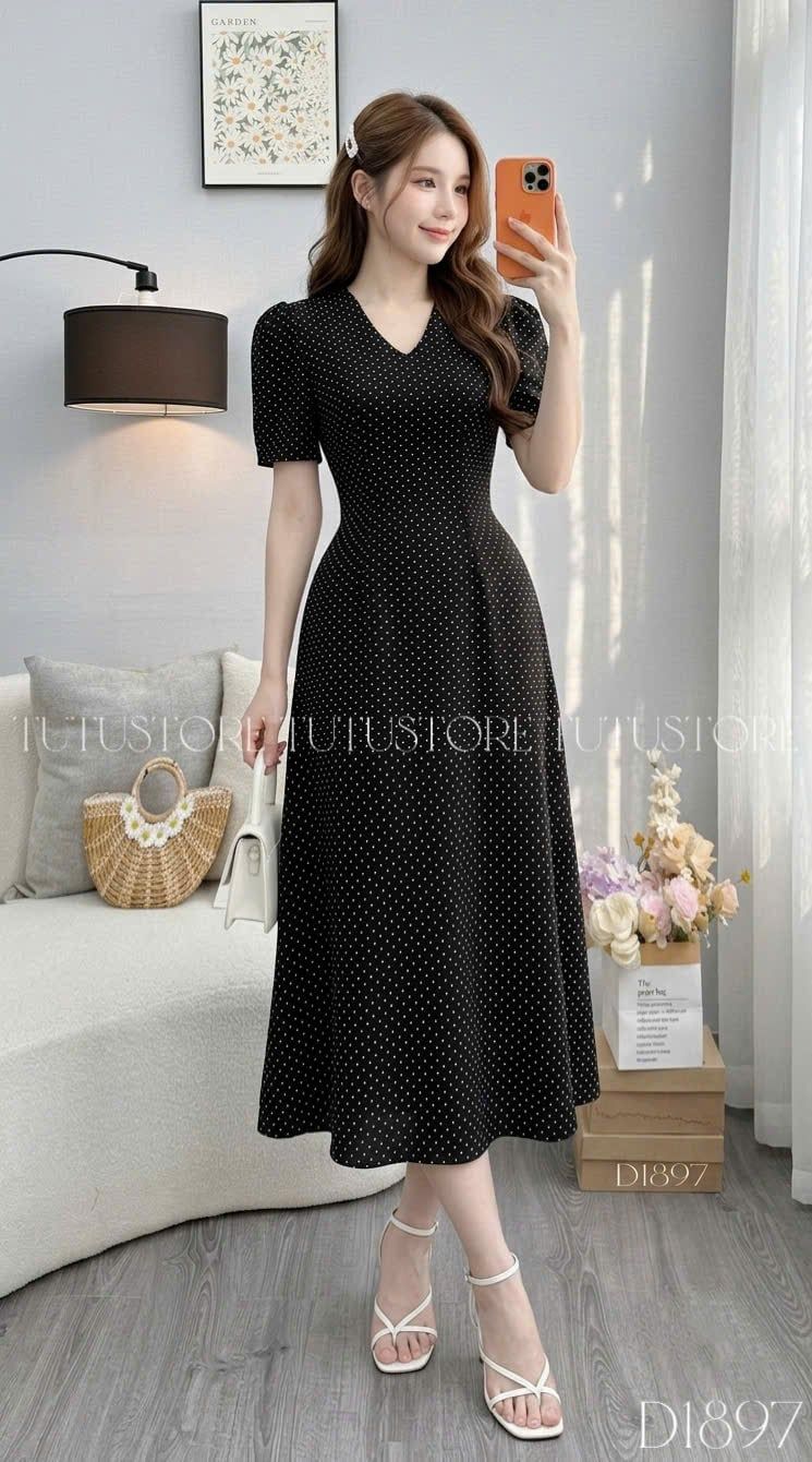 Đầm Thiết Kế Cổ Tim Dáng Dài Chấm Bi Đầm Đi Tiệc TuTu Store Mã D1897