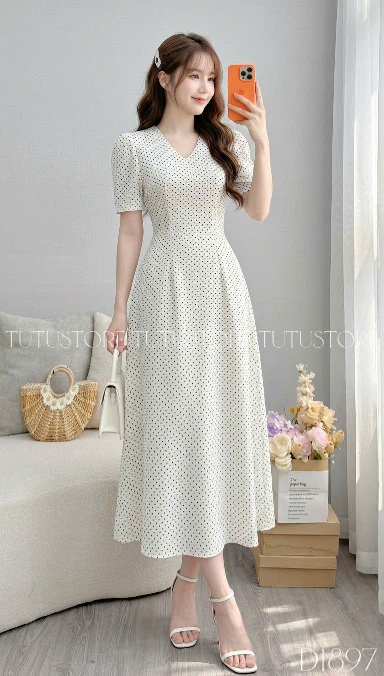 Đầm Thiết Kế Cổ Tim Dáng Dài Chấm Bi Đầm Đi Tiệc TuTu Store Mã D1897