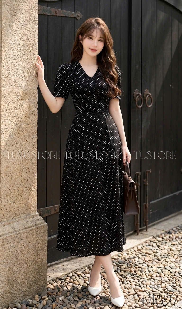 Đầm Thiết Kế Cổ Tim Dáng Dài Chấm Bi Đầm Đi Tiệc TuTu Store Mã D1897