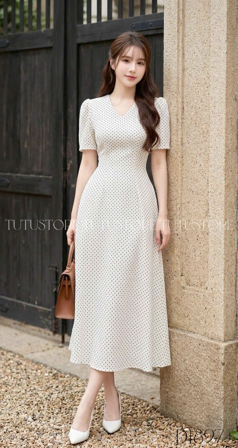 Đầm Thiết Kế Cổ Tim Dáng Dài Chấm Bi Đầm Đi Tiệc TuTu Store Mã D1897