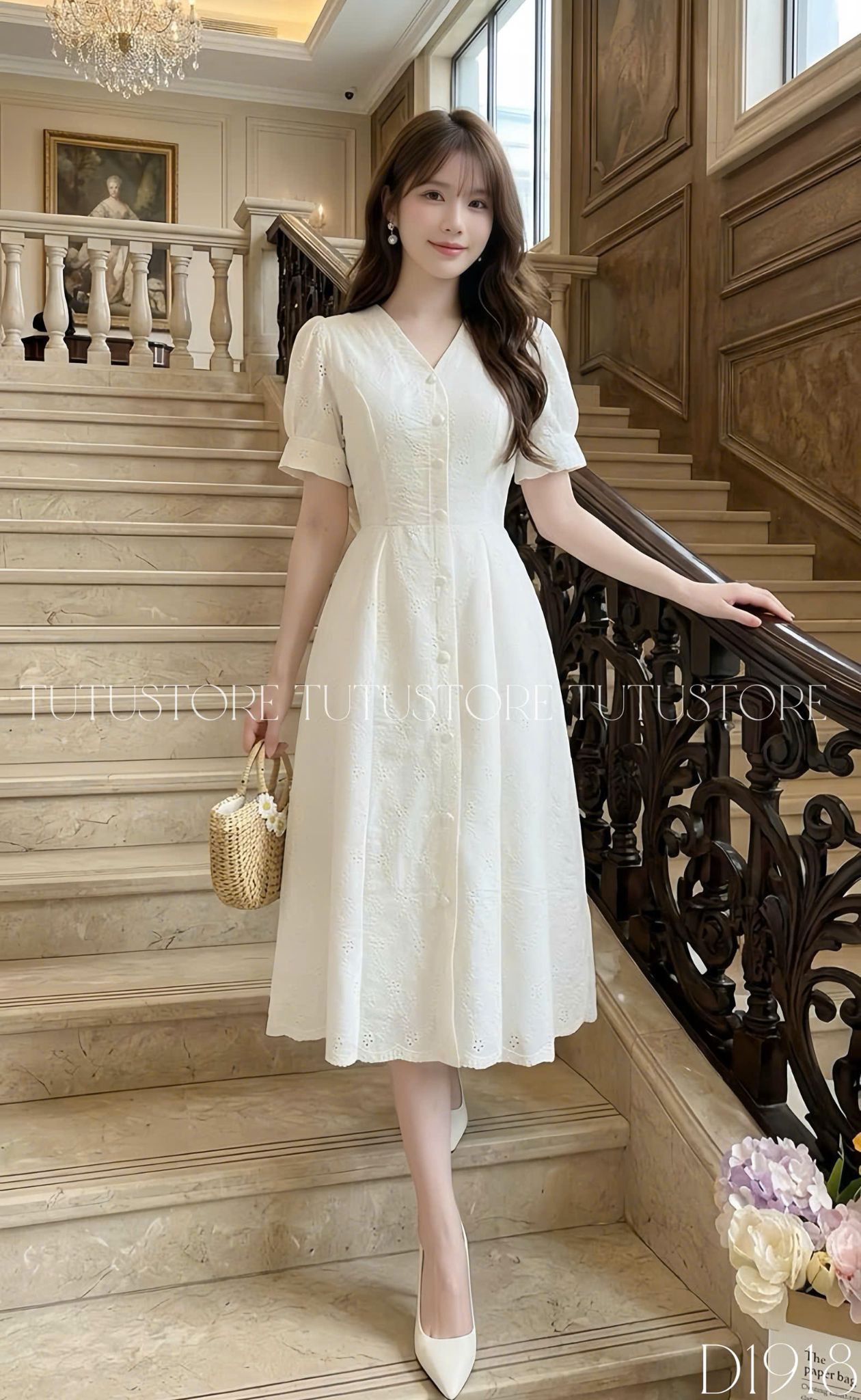 Đầm Thiết Kế Hoa Cổ V Tay Bồng Dáng Dài Đi Tiệc TuTu Store Mã D1918