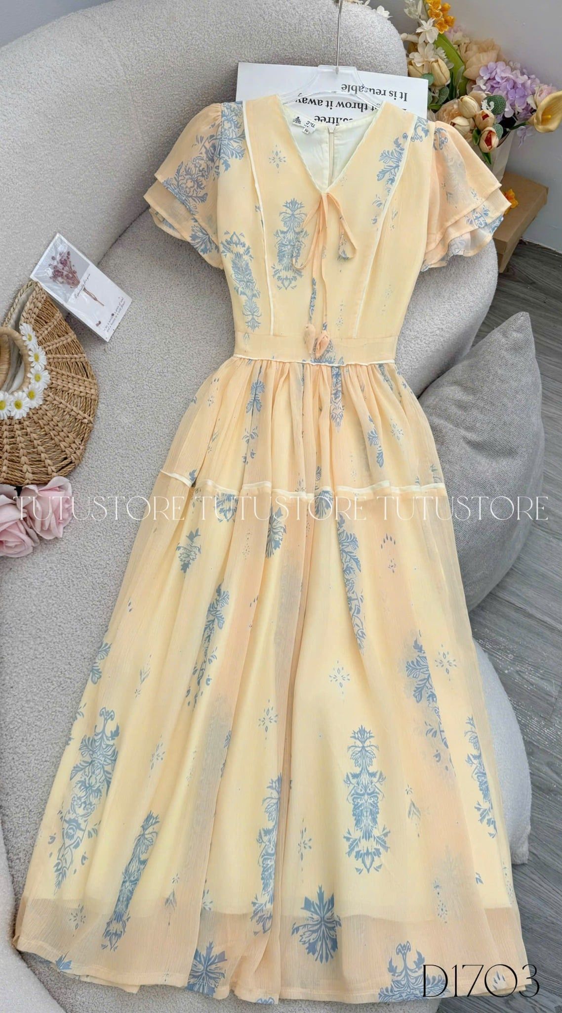 Đầm Voan Thiết Kế Cổ V Tay Bèo Dáng Xòe Đi Chơi TuTu Store Mã D1703